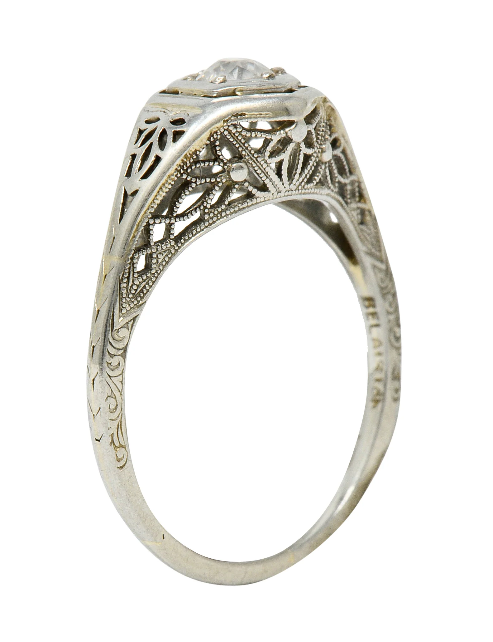 Belais Early Art Deco 0.26 CTW Diamond 18 Karat White Gold Floral Engagement Ring - Image 10