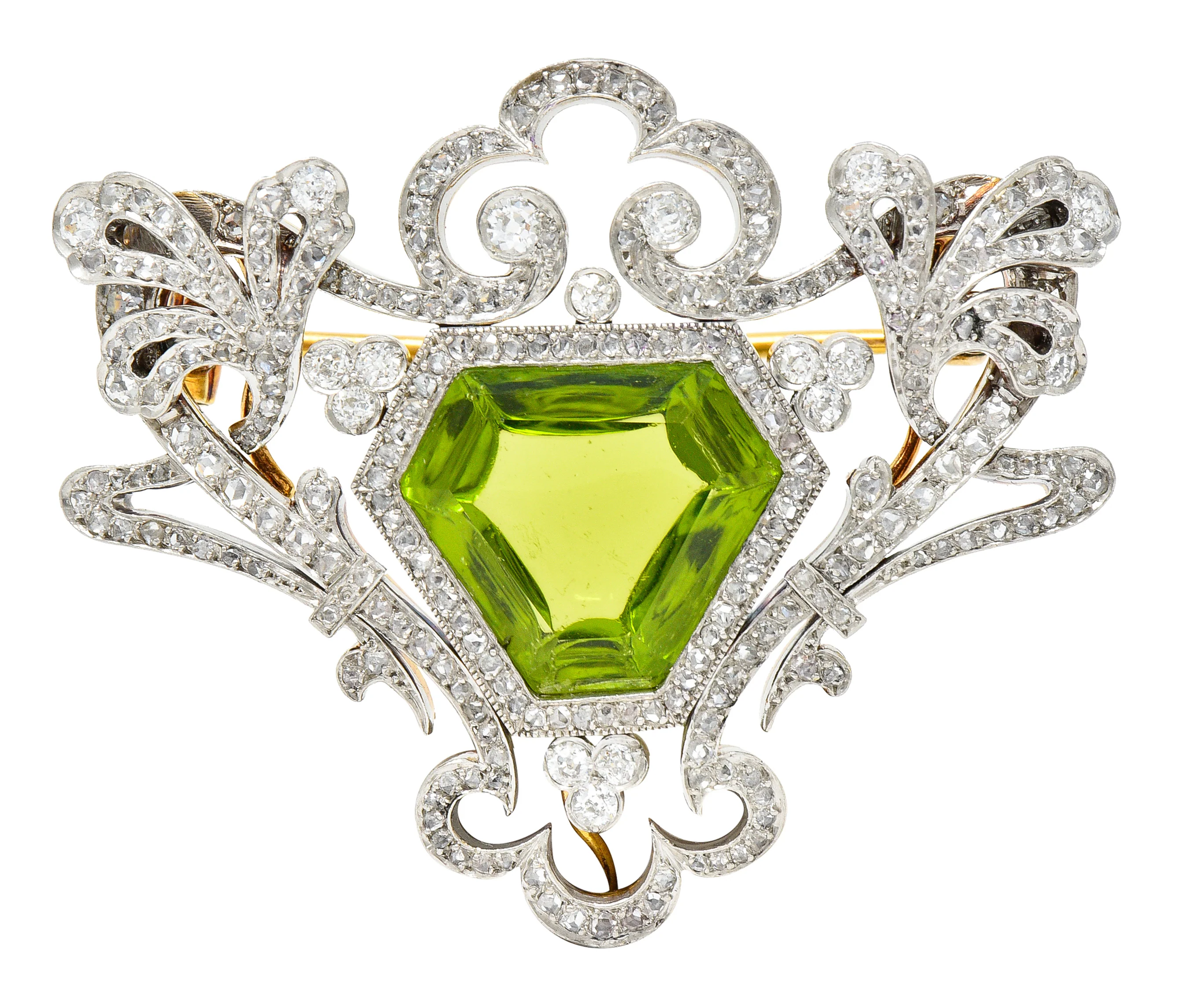 Belle Époque 10.00 CTW Peridot Diamond Platinum-Topped 18 Karat Yellow Gold Antique Pendant Brooch