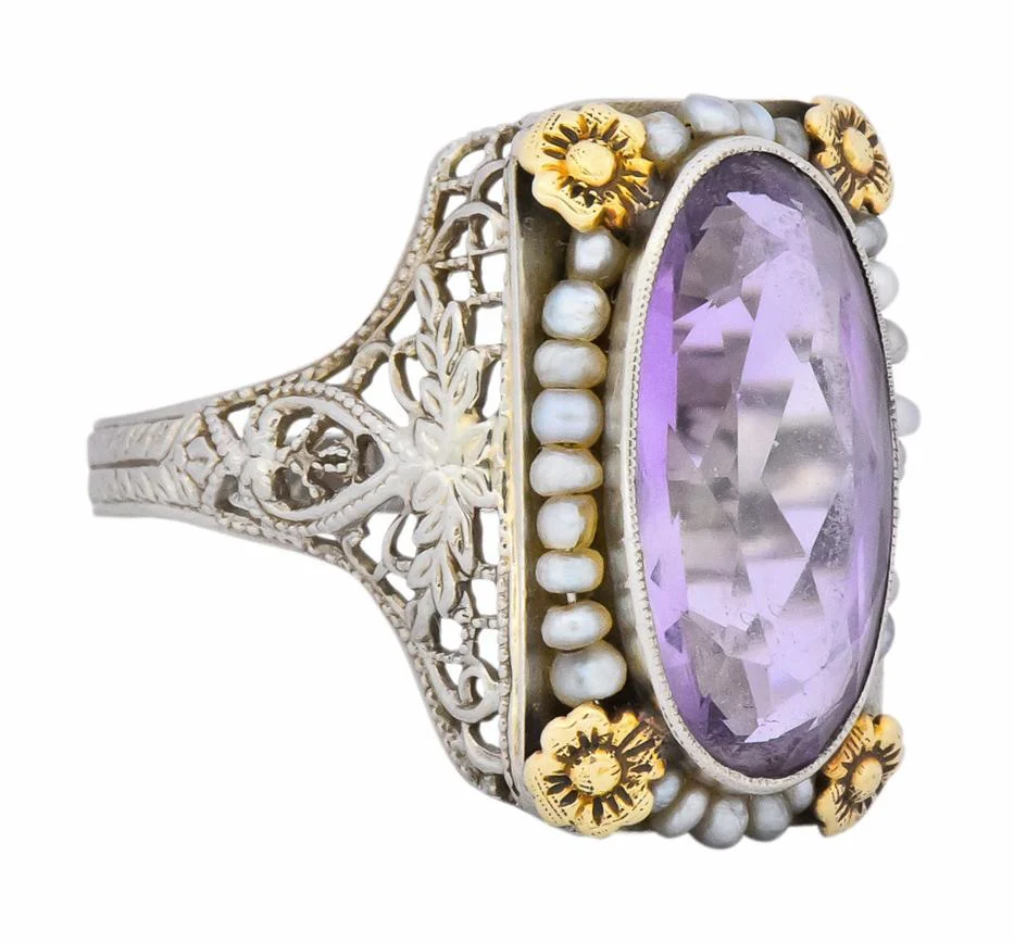 Belle Époque Amethyst Pearl 14 Karat Two-Tone Gold Cocktail Ring - Image 2