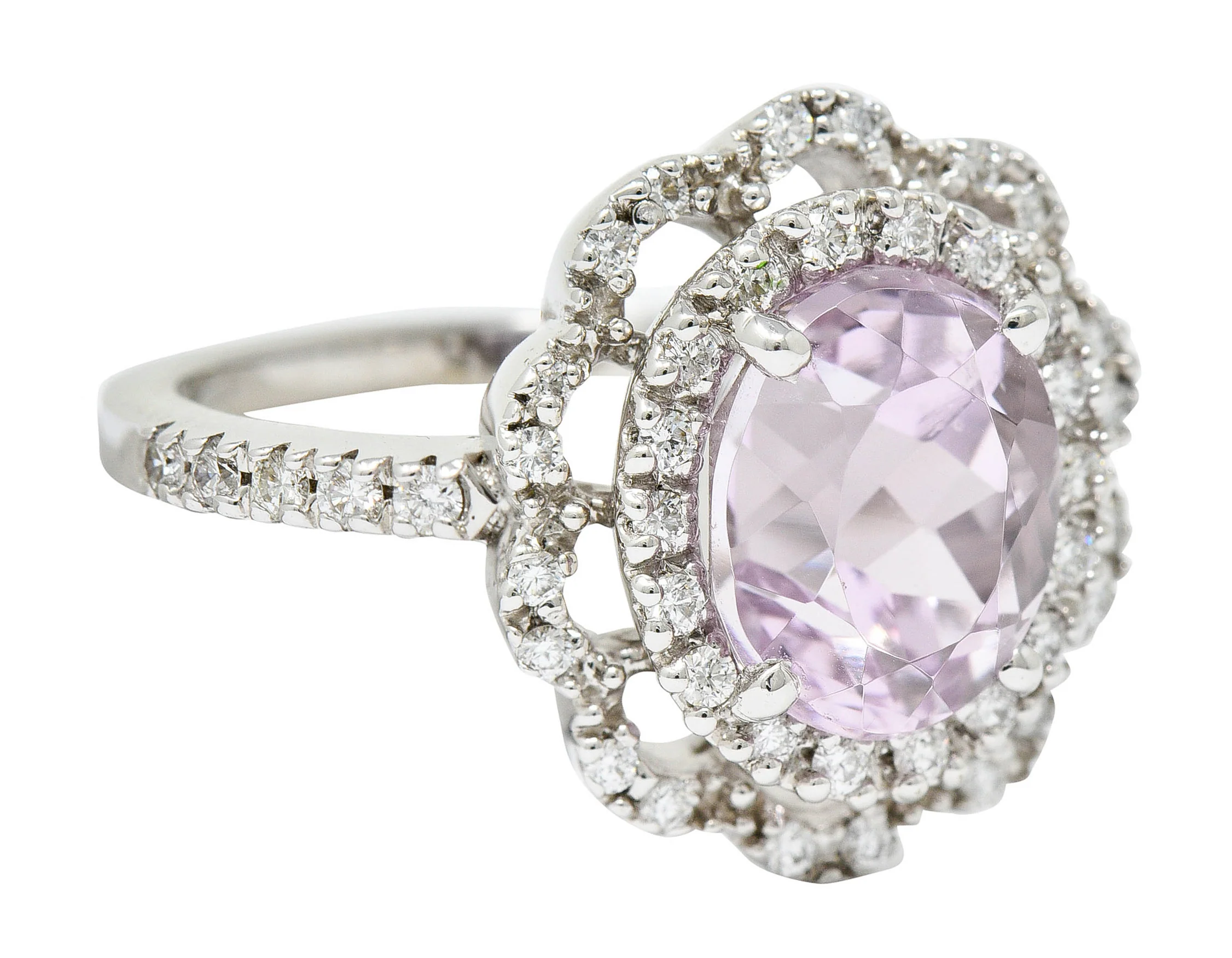 Brilliant Kunzite Diamond 18 Karat White Gold Floral Cluster Ring - Image 2