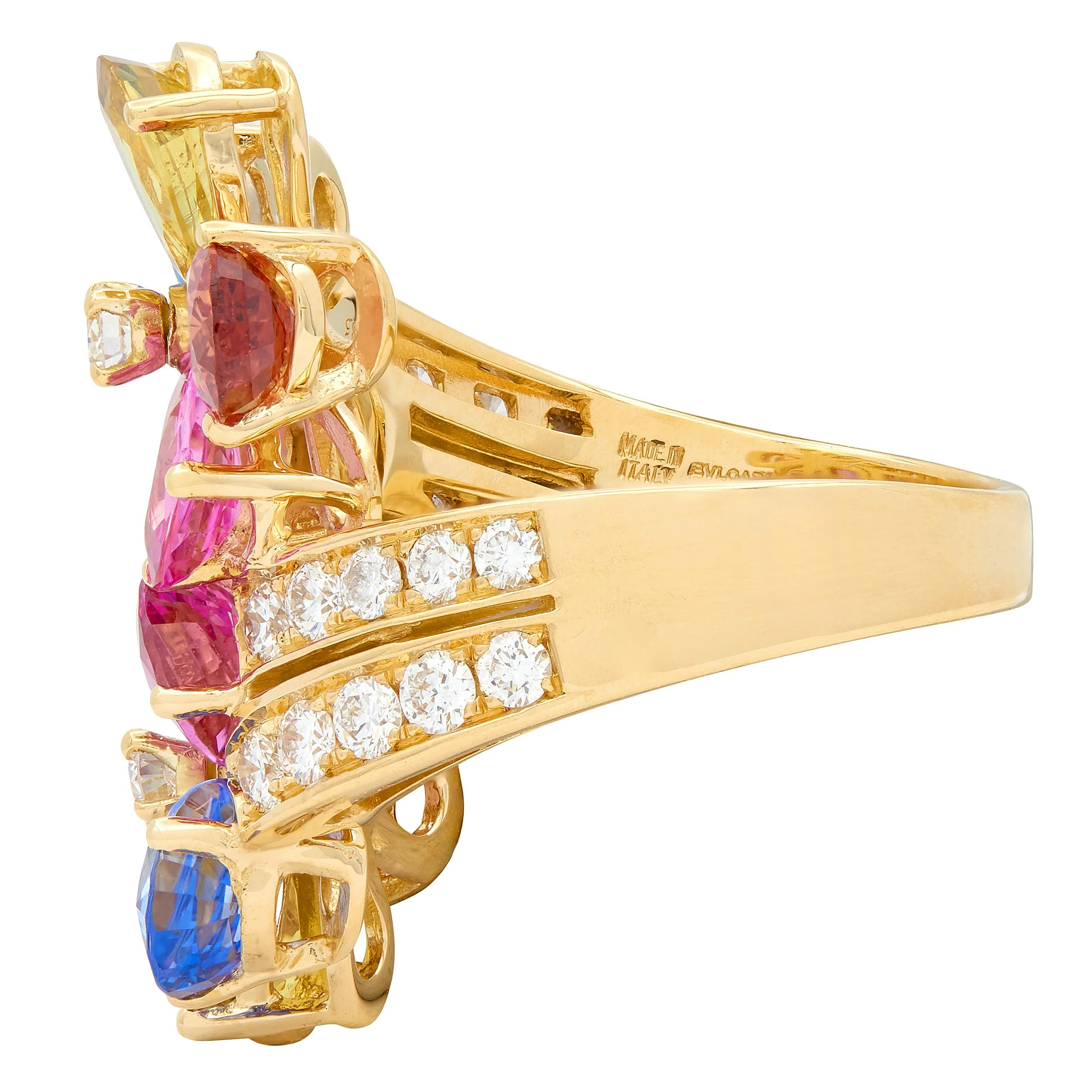 Bulgari 17.26 CTW Diamond Sapphire Flower 18 Karat Yellow Gold Contemporary Floral Bypass Ring - Image 5