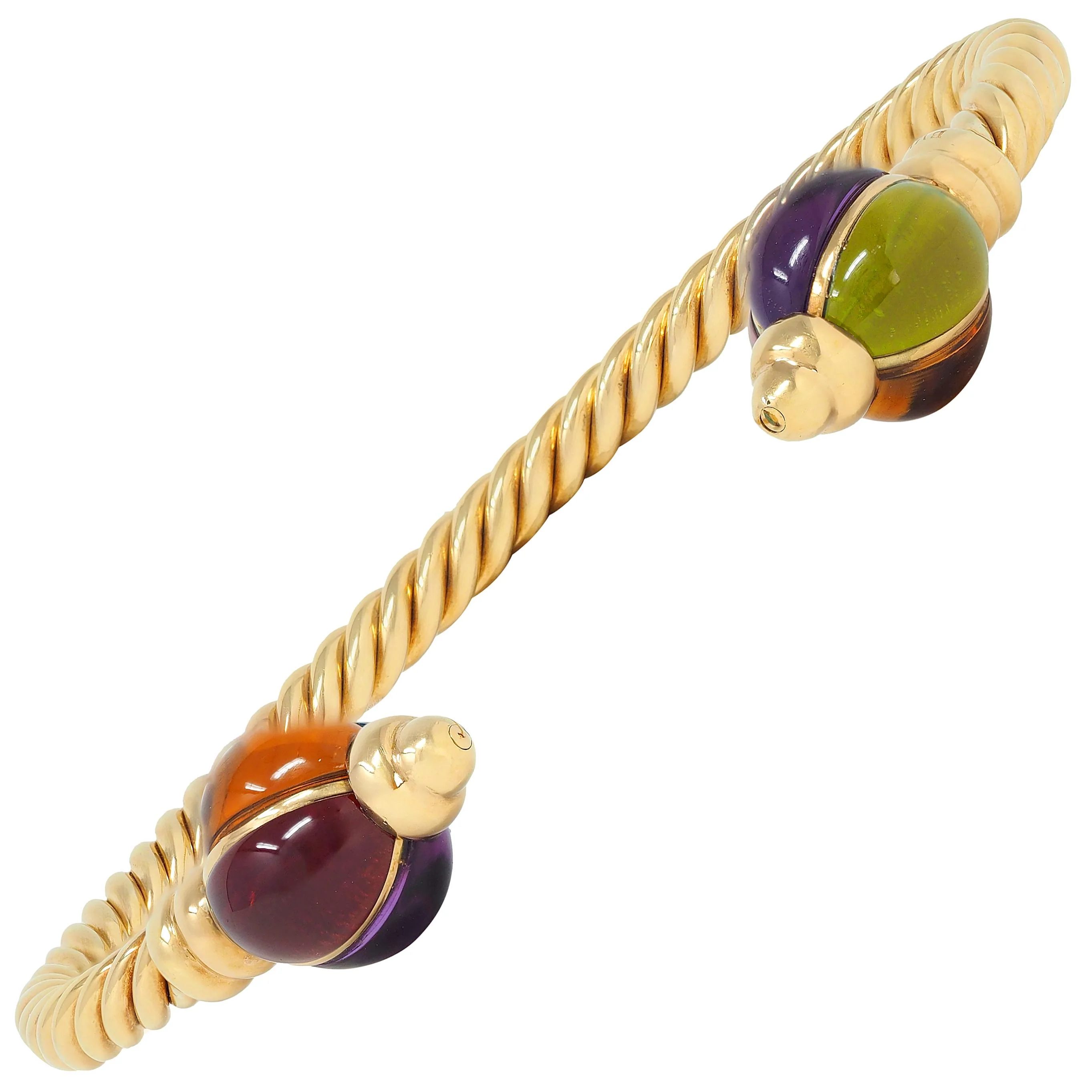 Bulgari 1980's Multi-Gem Citrine Topaz 18 Karat Yellow Gold Twisted Rope Cuff Bracelet