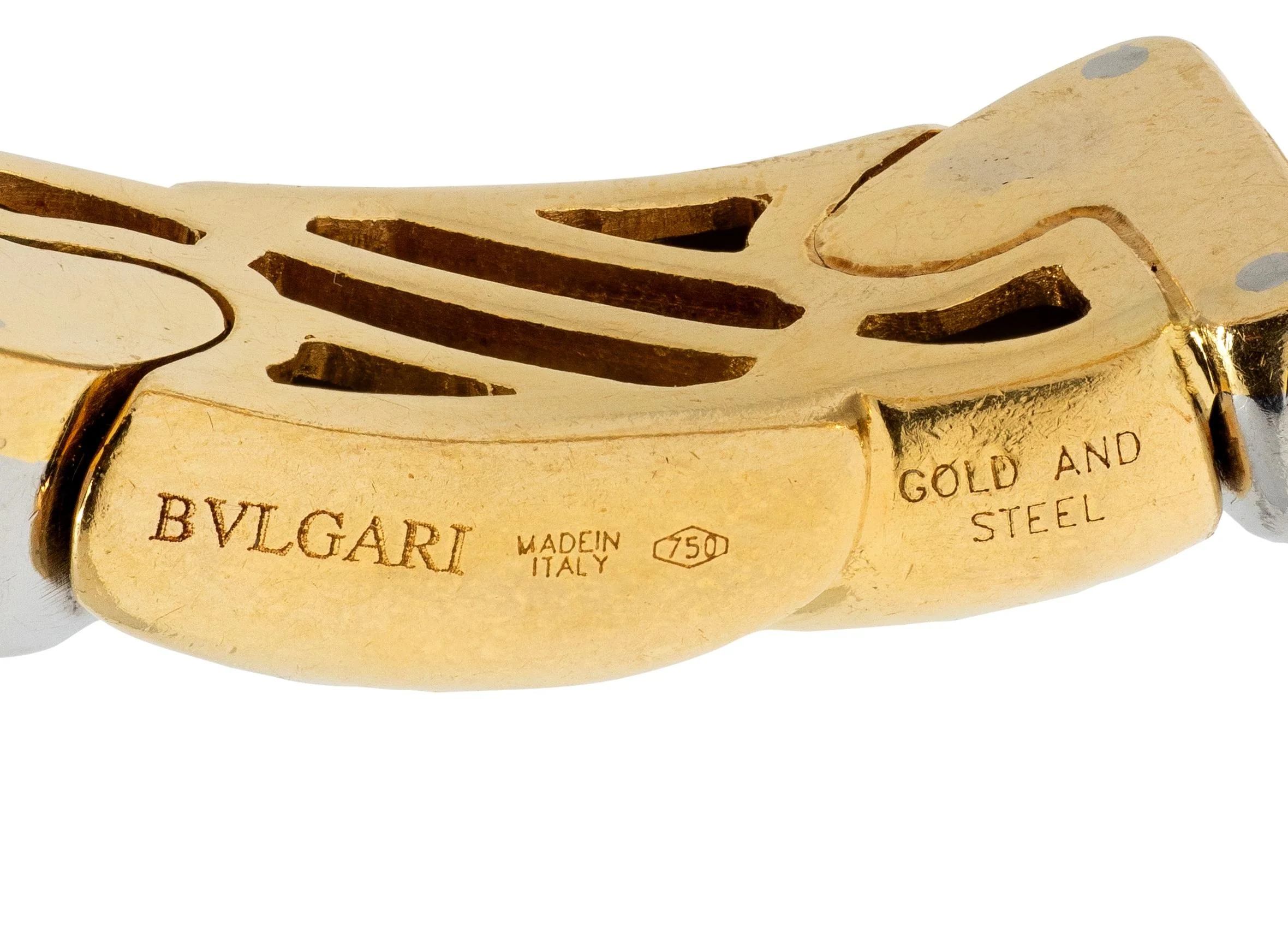 Bulgari 1990's 18 Karat Yellow Gold Stainless Steel Vintage Saetta Cuff Bracelet - Image 7