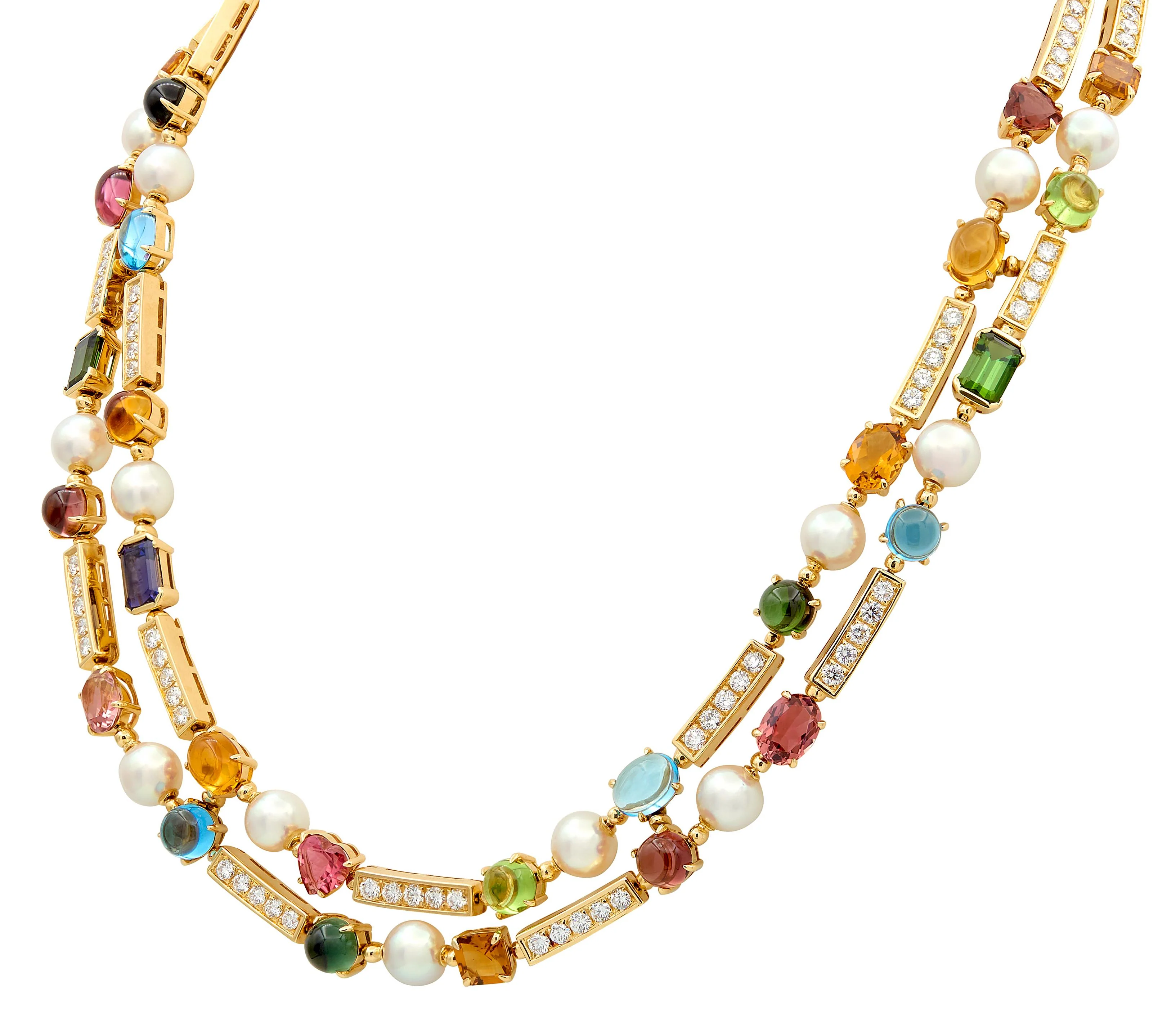Bulgari 2000's Pearl Multi-Gem Diamond 18 Karat Yellow Gold Contemporary Allegra Station Necklace - Image 6