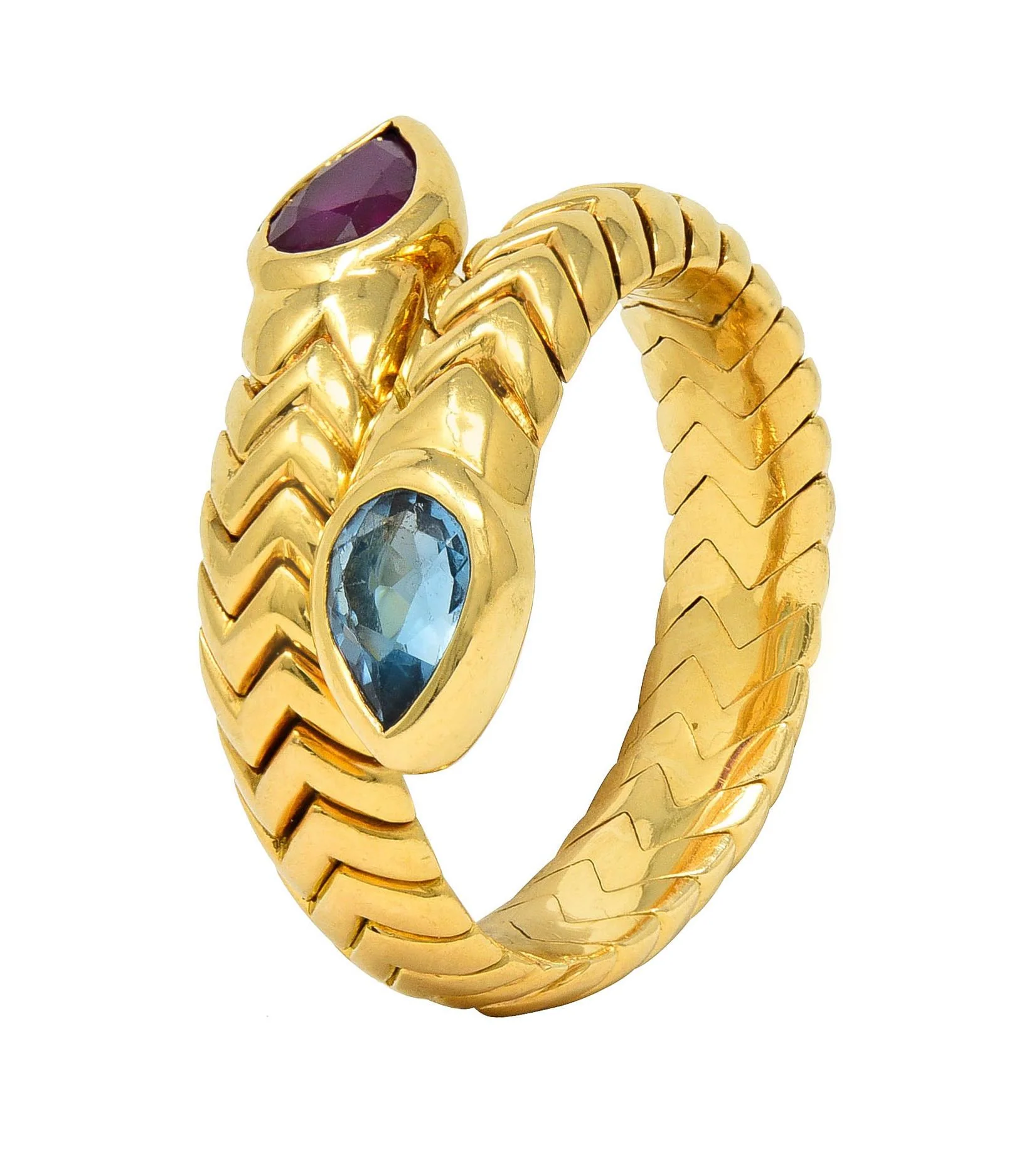 Bulgari Vintage Ruby Topaz 18 Karat Yellow Gold Spiga Tubogas Bypass Ring - Image 8