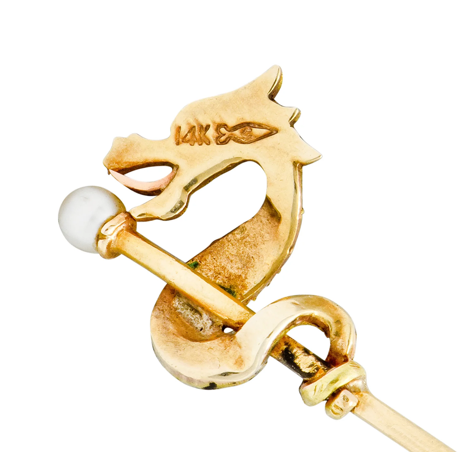 Carter & Gough Art Nouveau Pearl 14 Karat Tri-Colored Gold Winding Serpent Stickpin - Image 6