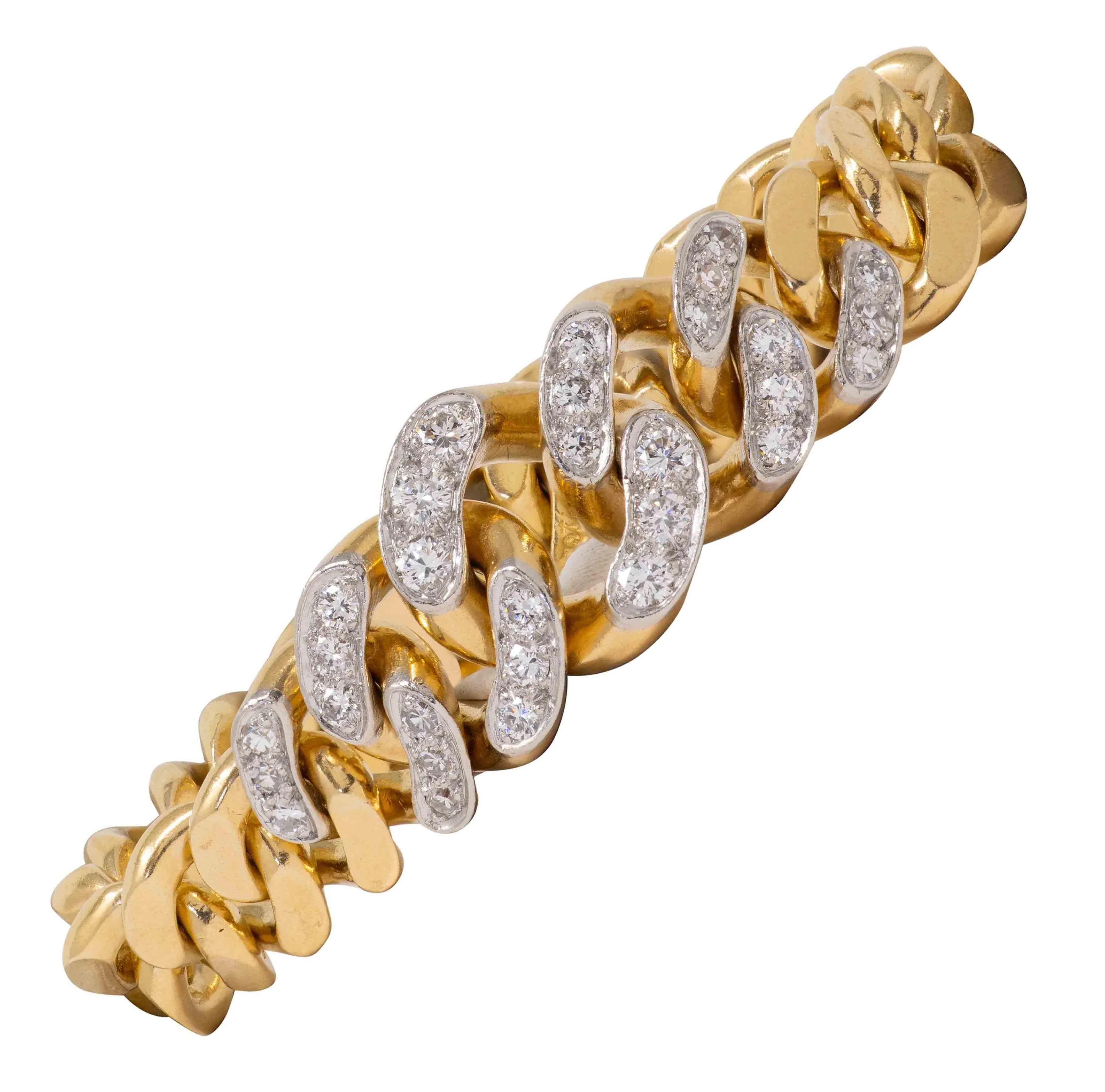 Cartier 1970's Diamond 18 Karat Yellow Gold Platinum Vintage Curb Link Unisex Chain Bracelet Necklace - Image 4