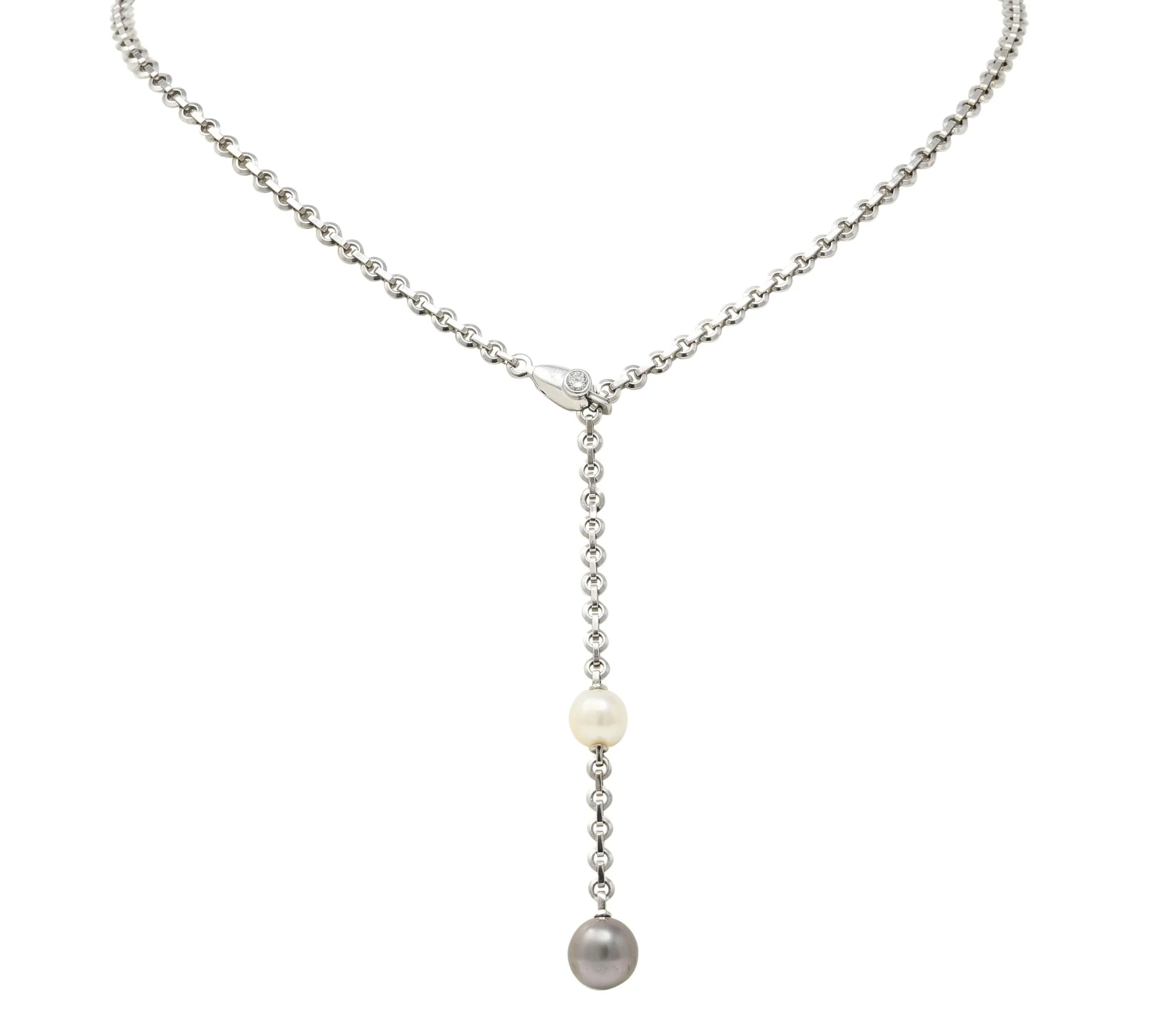 Cartier 2001 Diamond Cultured Pearl 18 Karat White Gold Lariat Drop Necklace