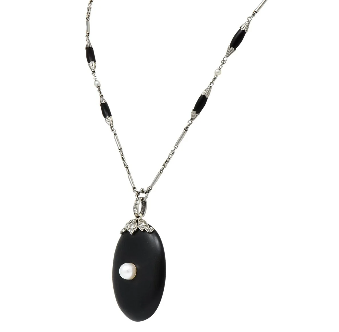 Circa 1910 Edwardian Diamond Natural Pearl Onyx Platinum Long Chain Necklace - Image 5