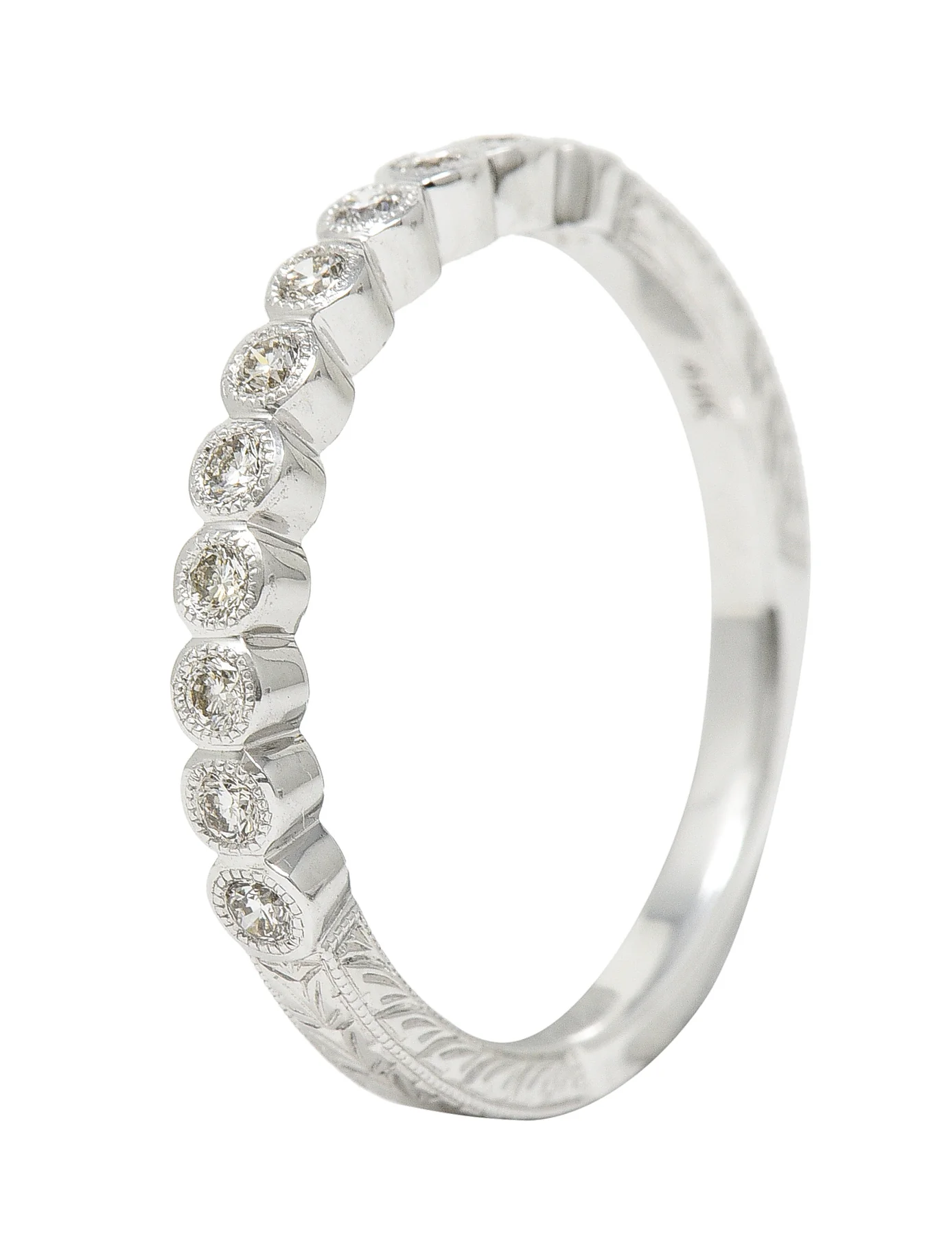 Contemporary 0.19 CTW Diamond 14 Karat White Gold Wheat Wedding Band Ring - Image 9