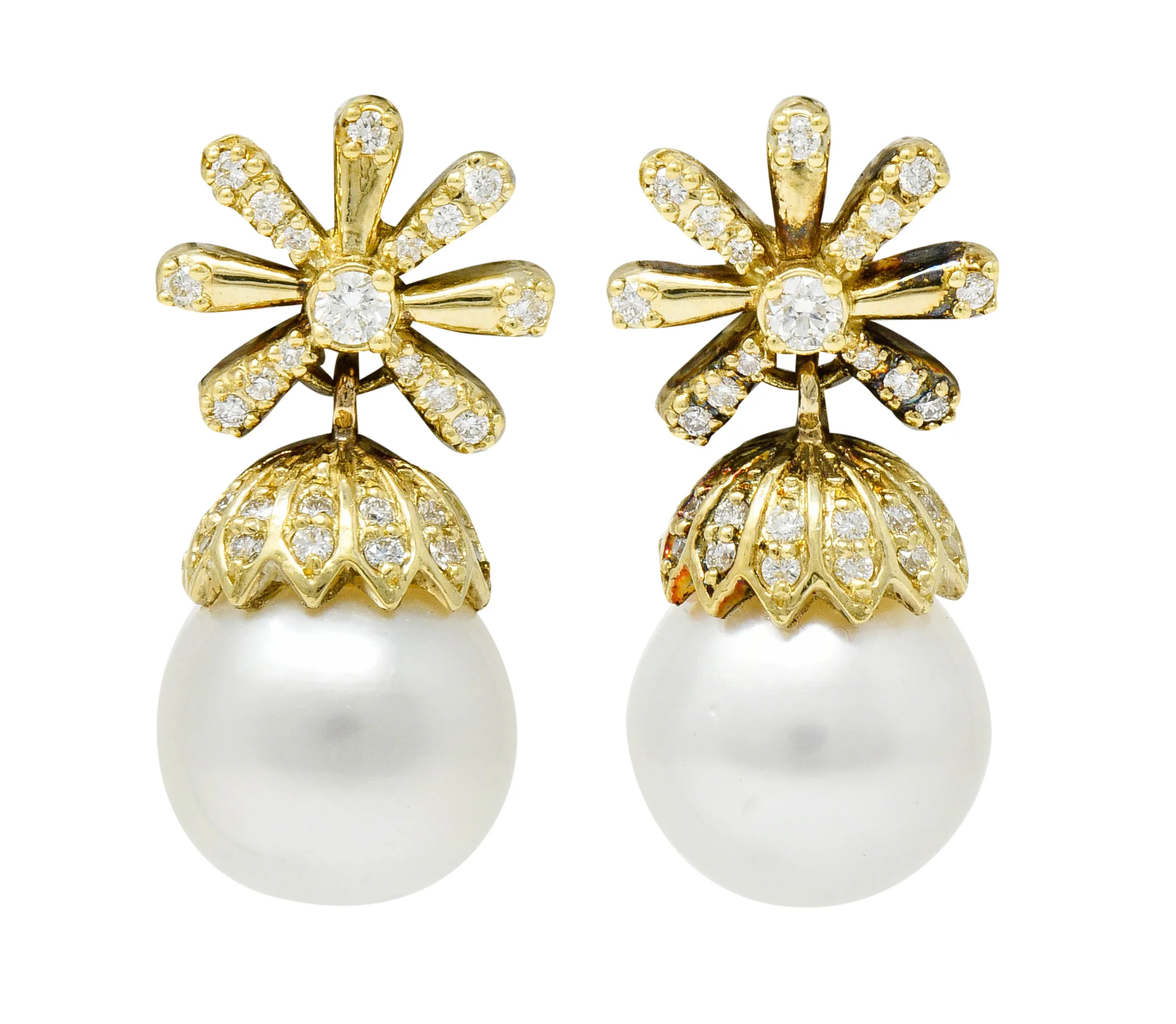 Contemporary 1.15 CTW Diamond Cultured Pearl 18 Karat Gold Drop Earrings