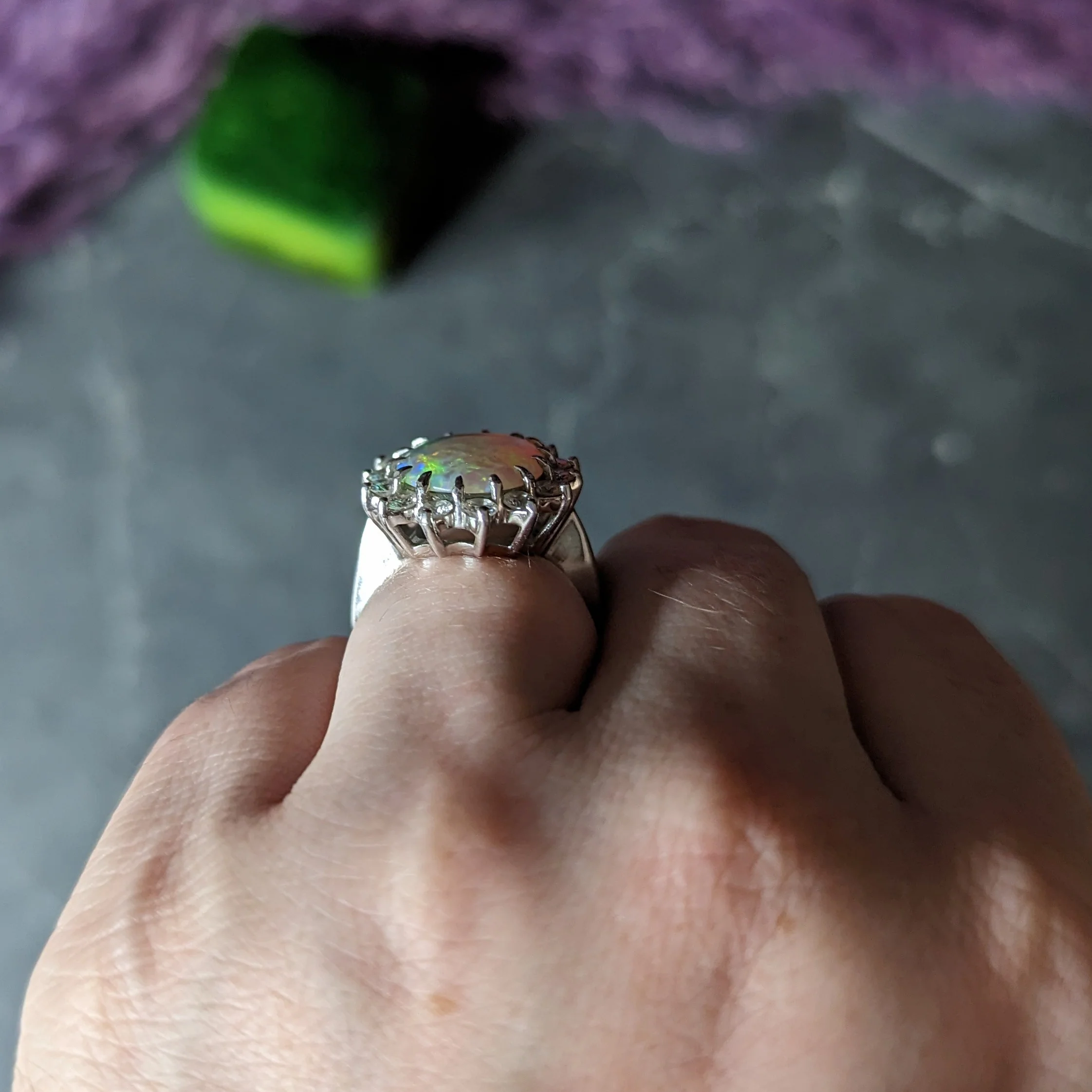 Contemporary 1.40 CTW Diamond Opal 14 Karat White Gold Halo Cluster Ring - Image 15