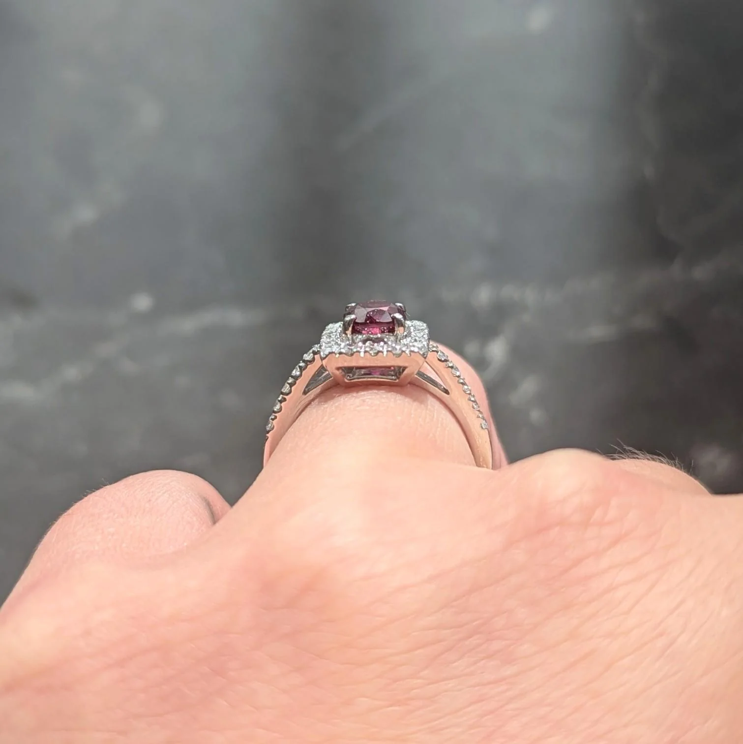 Contemporary 1.47 CTW Cushion Cut Ruby Diamond Platinum Square Halo Ring - Image 9
