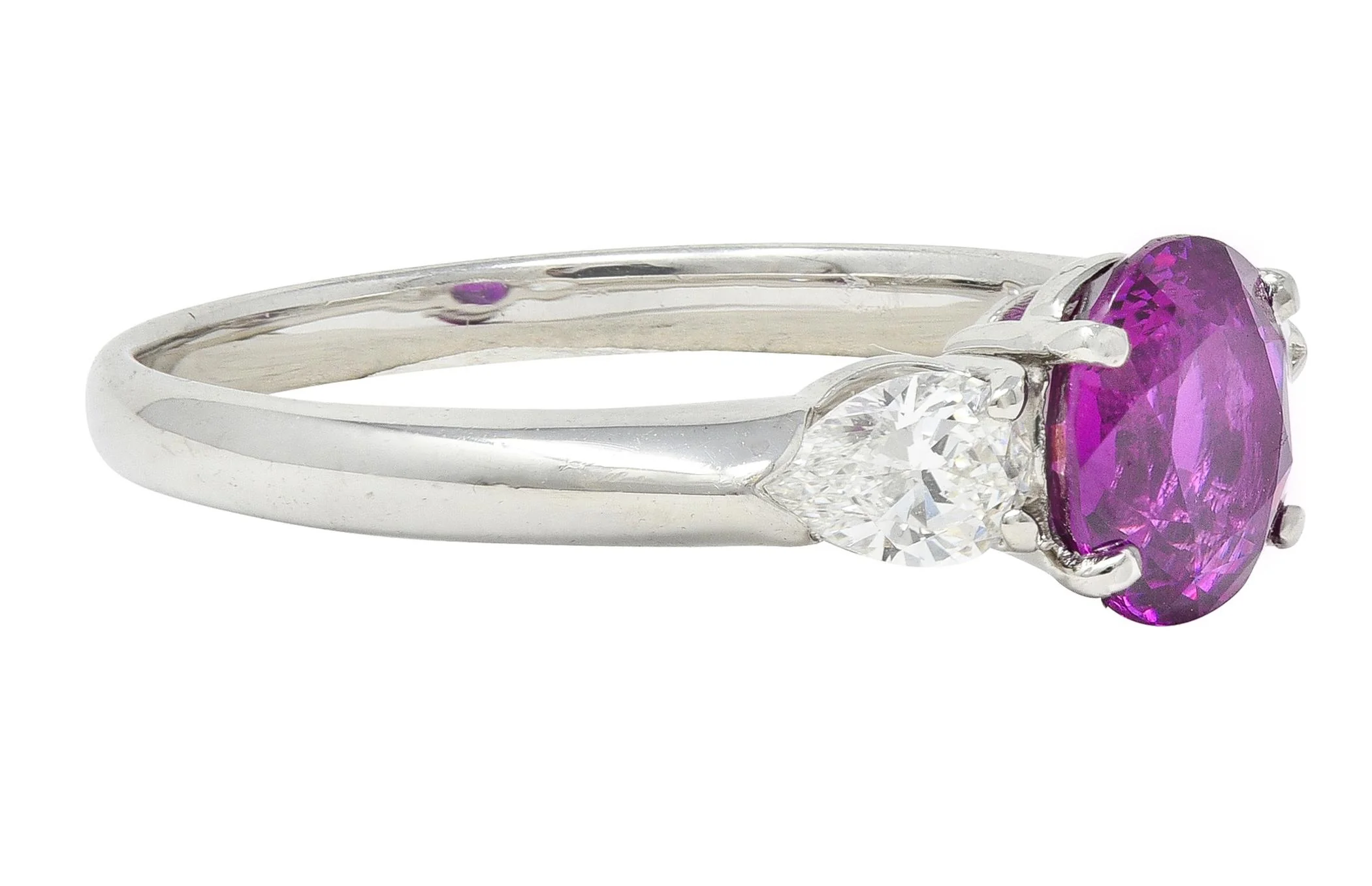 Contemporary 1.60 CTW Pink Sapphire Diamond Platinum Three Stone Ring - Image 2