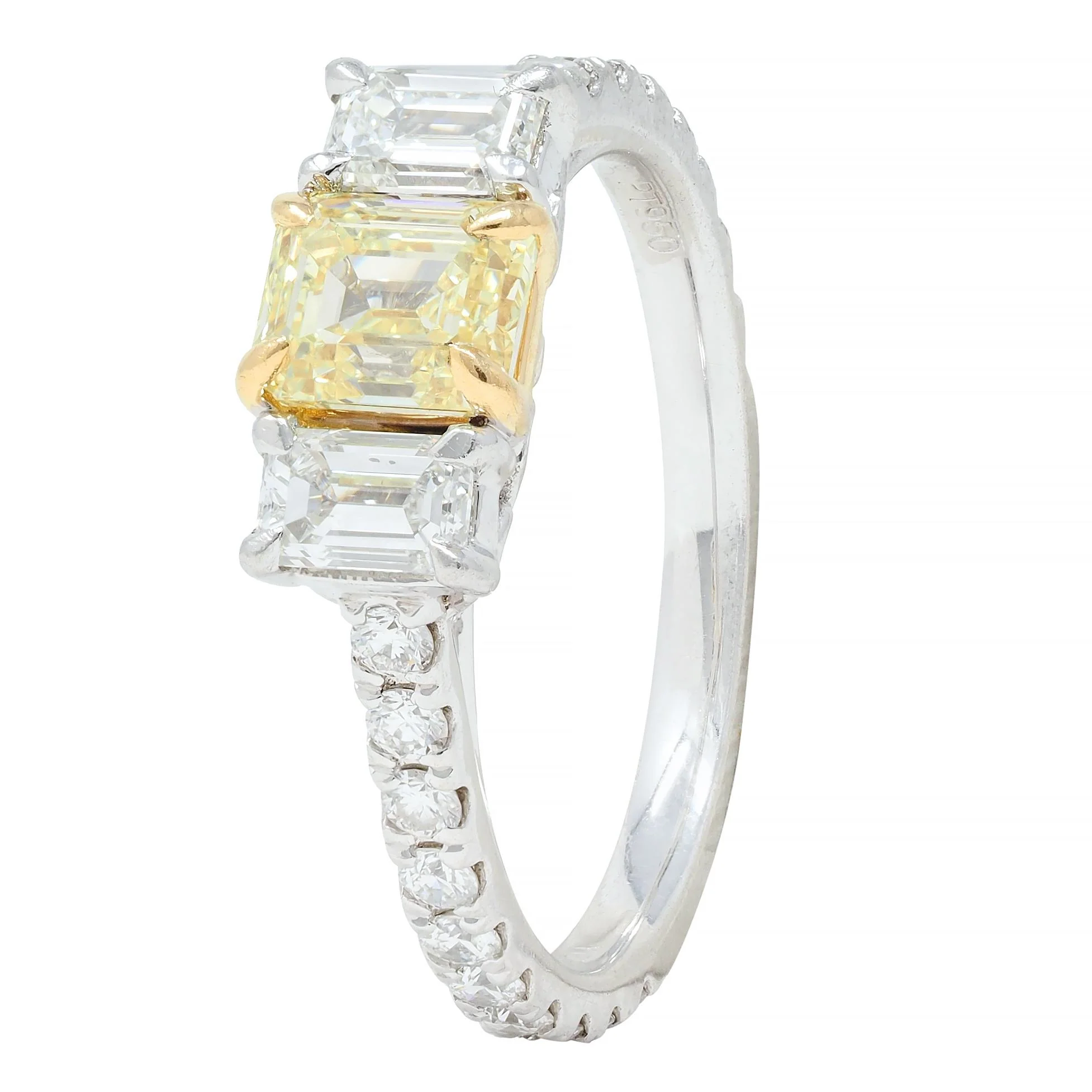 Contemporary 1.61 CTW Fancy Yellow Emerald Cut Diamond Platinum 18 Karat Numerical Engagement Ring - Image 7