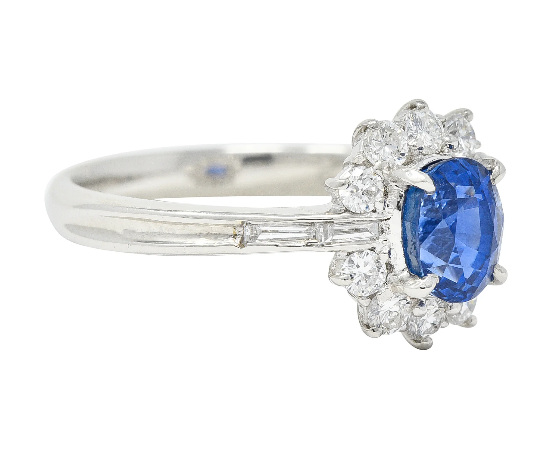 Contemporary 1.96 CTW Oval Cut Sapphire Diamond Platinum Cluster Ring - Image 2