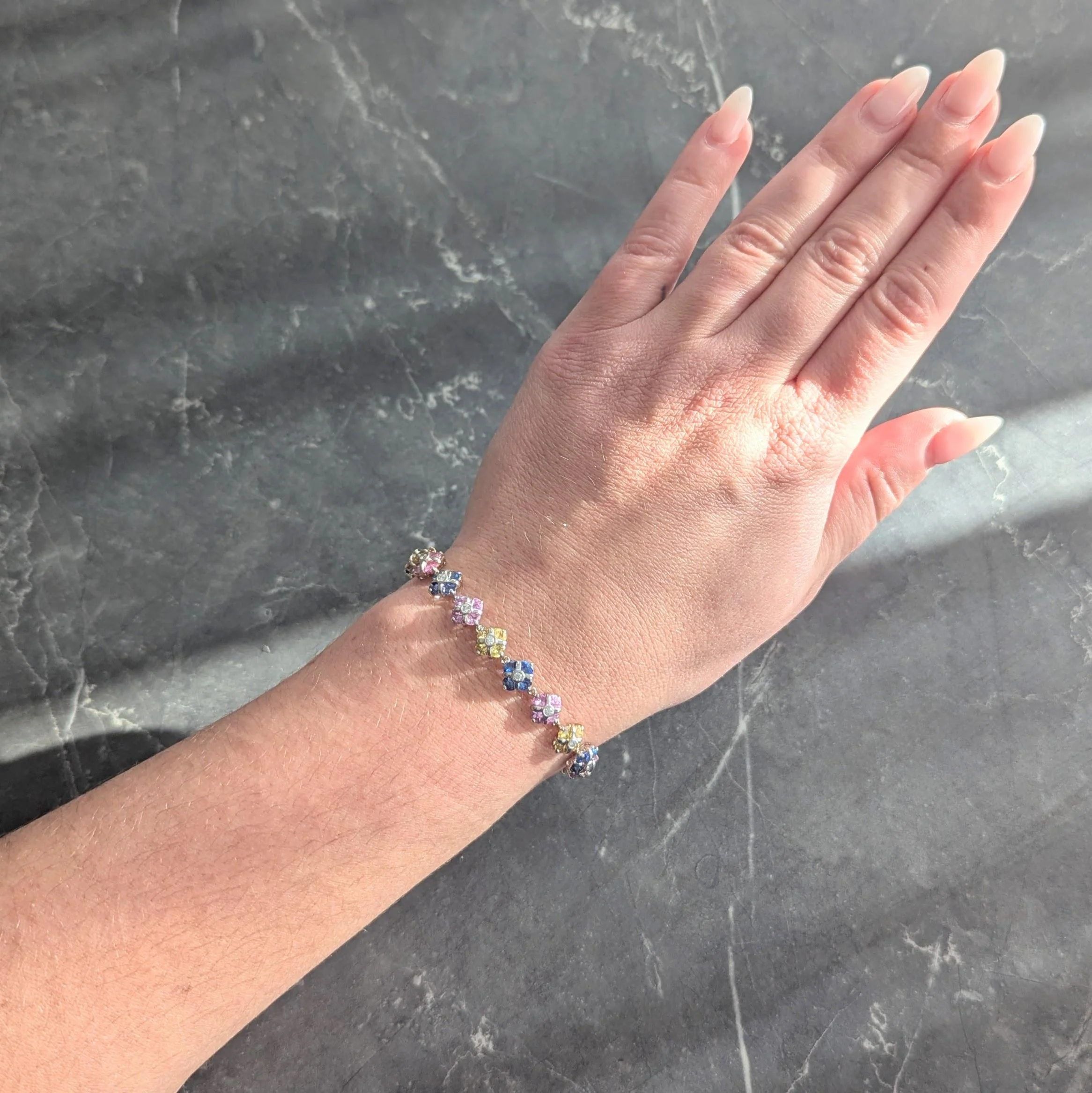 Contemporary 11.02 CTW Party Color Sapphires Diamond 18 Karat White Gold Bracelet - Image 11