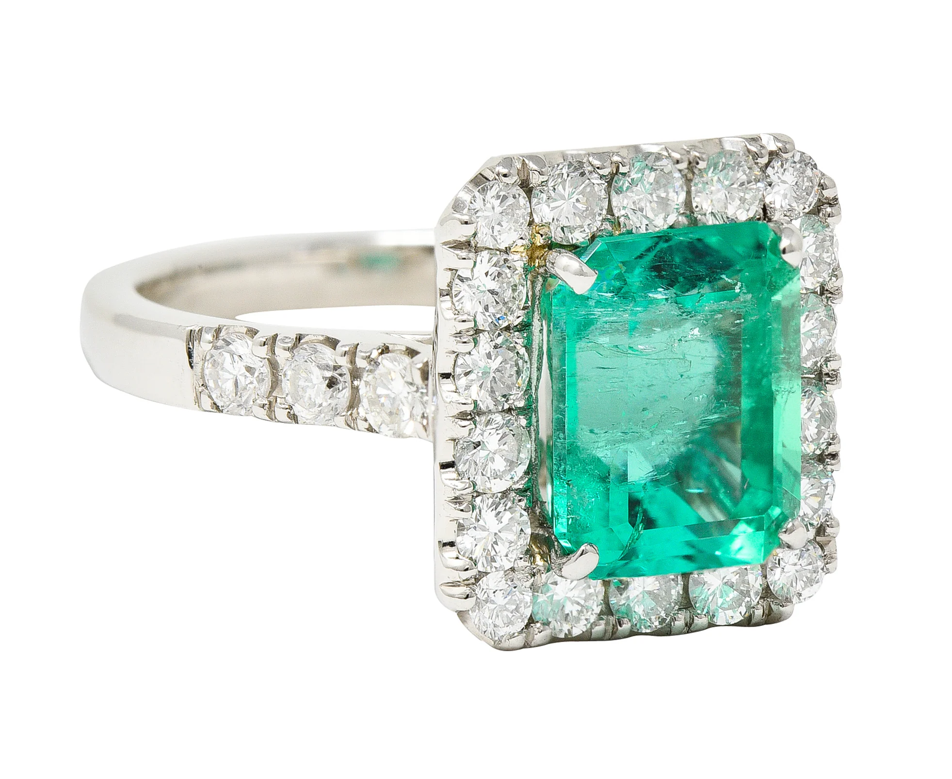 Contemporary 3.50 CTW Colombian Emerald Diamond Platinum Halo Ring GIA - Image 2