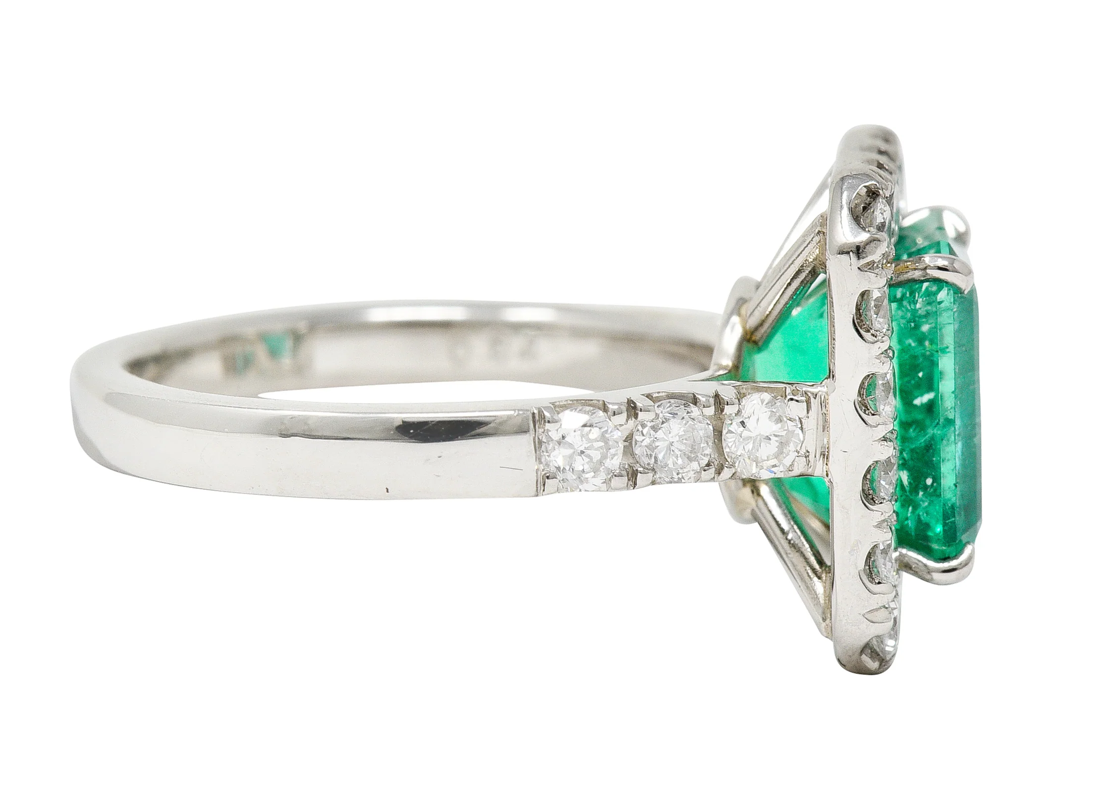 Contemporary 3.50 CTW Colombian Emerald Diamond Platinum Halo Ring GIA - Image 3