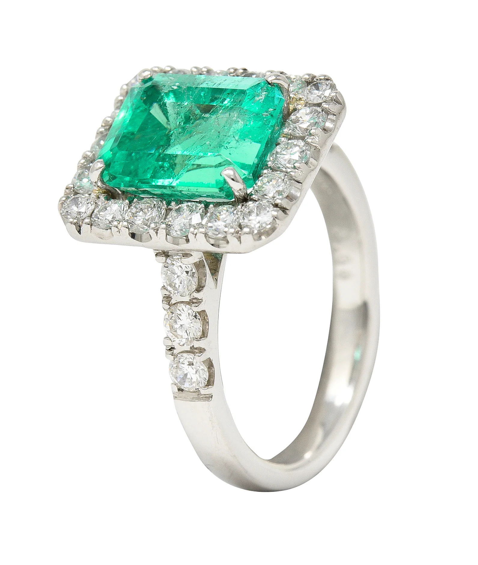Contemporary 3.50 CTW Colombian Emerald Diamond Platinum Halo Ring GIA - Image 8