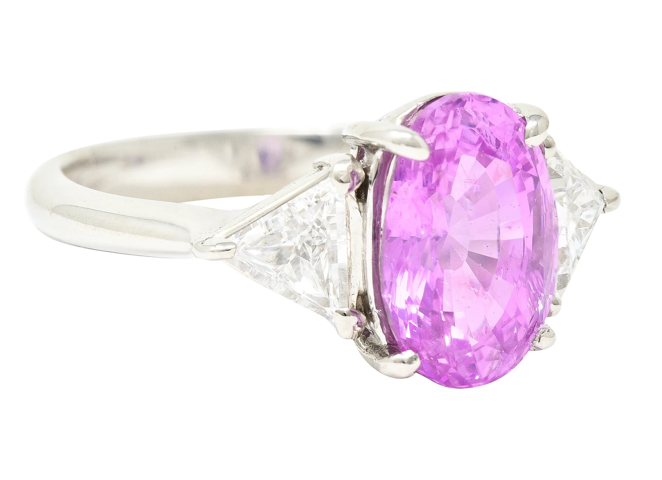 Contemporary 4.21 CTW Oval Cut Sri Lankan Pink Sapphire Trillion Cut Diamond Platinum Three Stone Ring GIA - Image 2