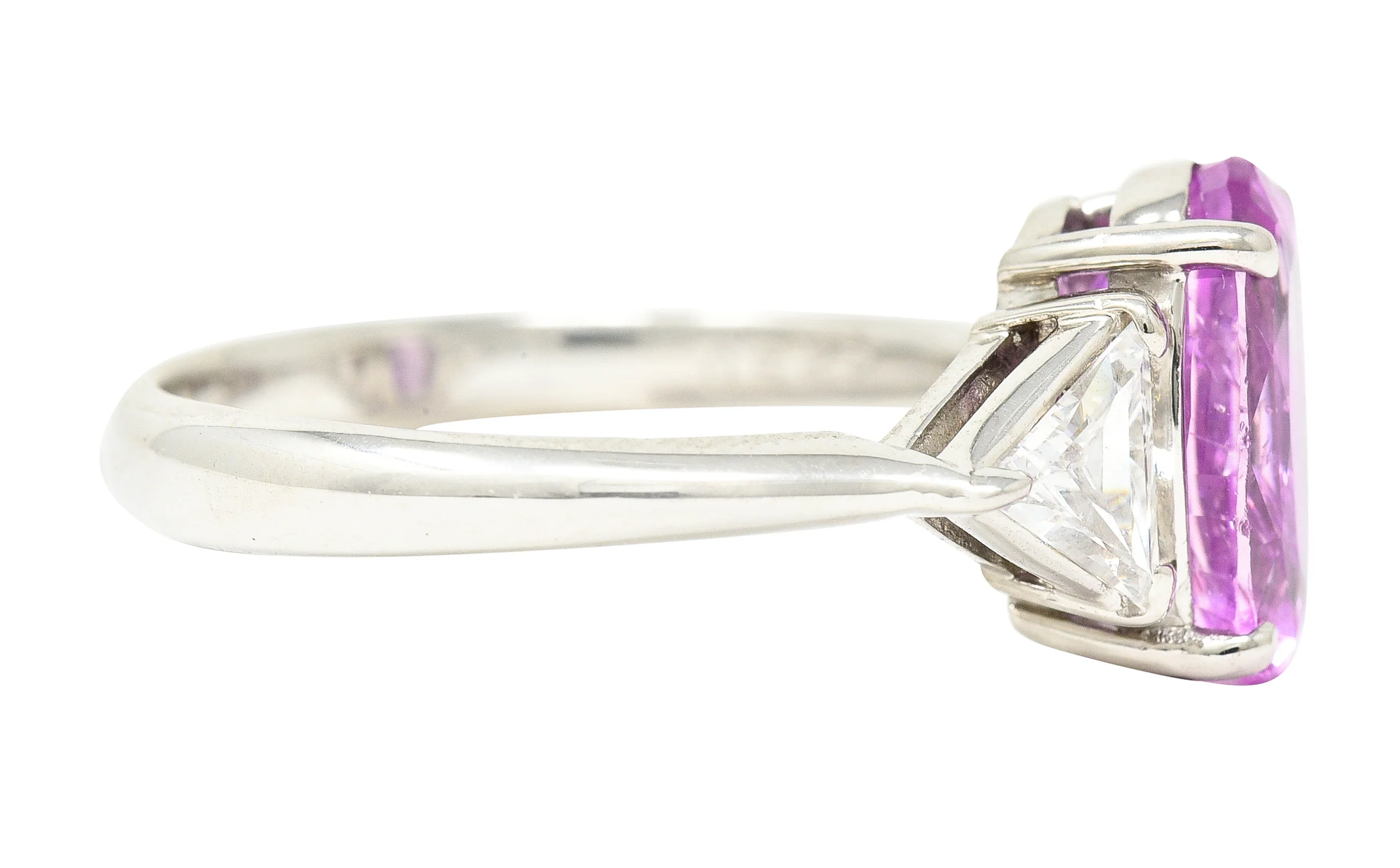 Contemporary 4.21 CTW Oval Cut Sri Lankan Pink Sapphire Trillion Cut Diamond Platinum Three Stone Ring GIA - Image 3