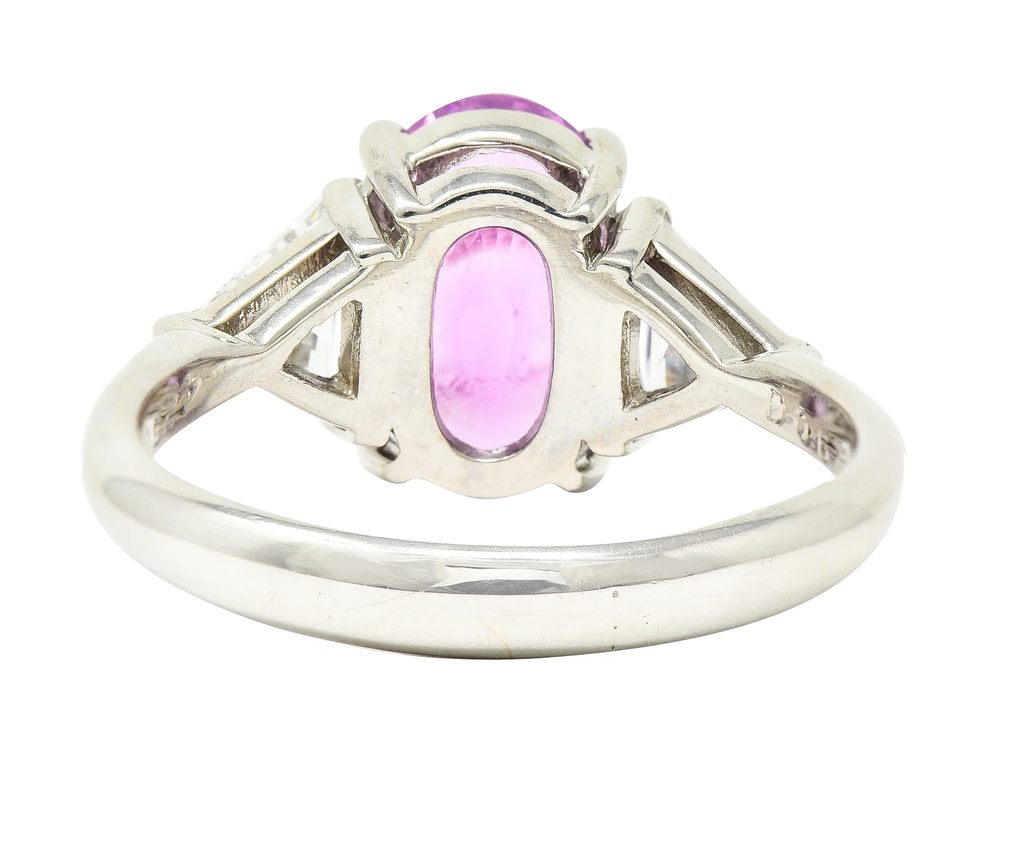 Contemporary 4.21 CTW Oval Cut Sri Lankan Pink Sapphire Trillion Cut Diamond Platinum Three Stone Ring GIA - Image 4