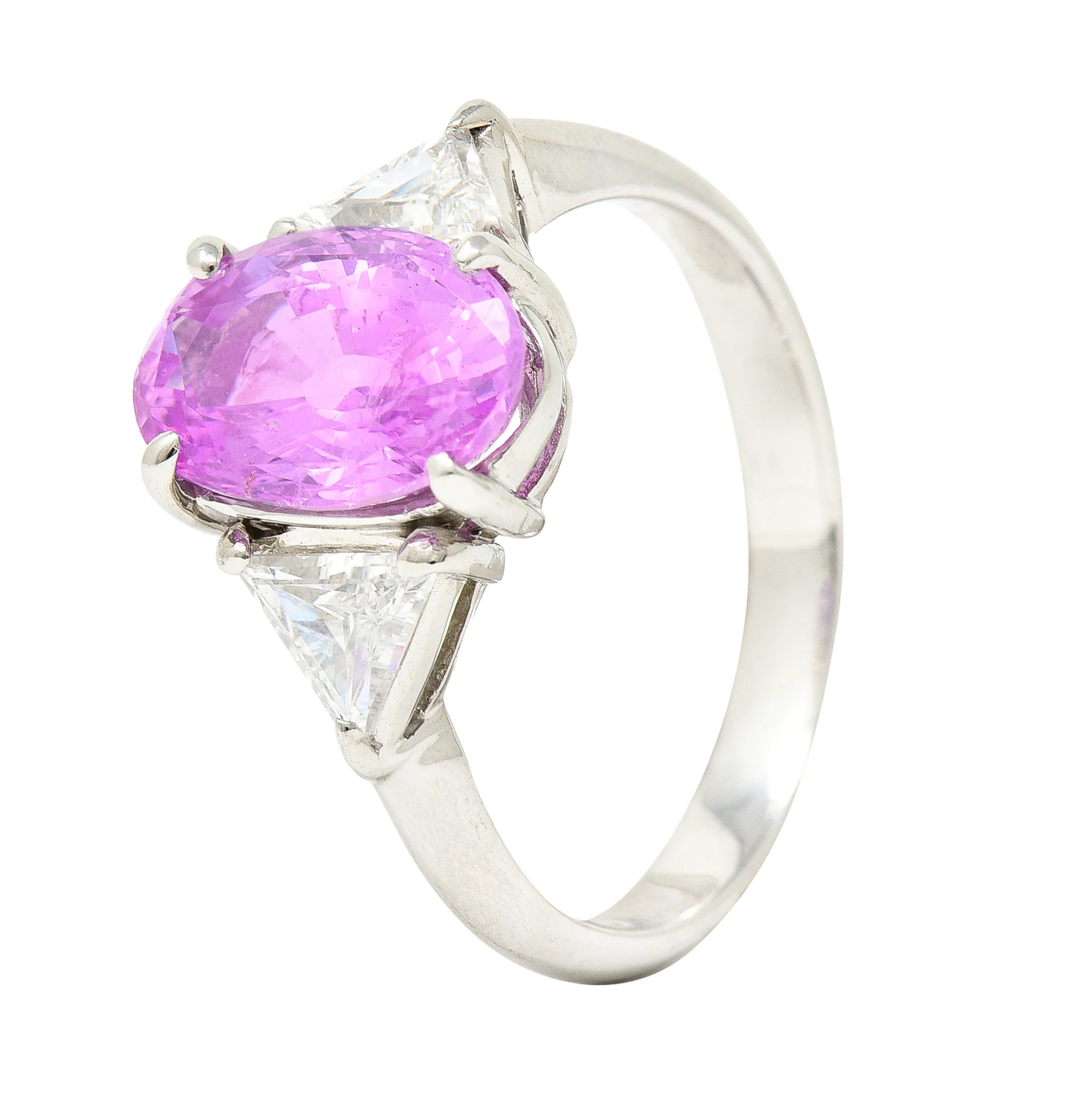 Contemporary 4.21 CTW Oval Cut Sri Lankan Pink Sapphire Trillion Cut Diamond Platinum Three Stone Ring GIA - Image 9