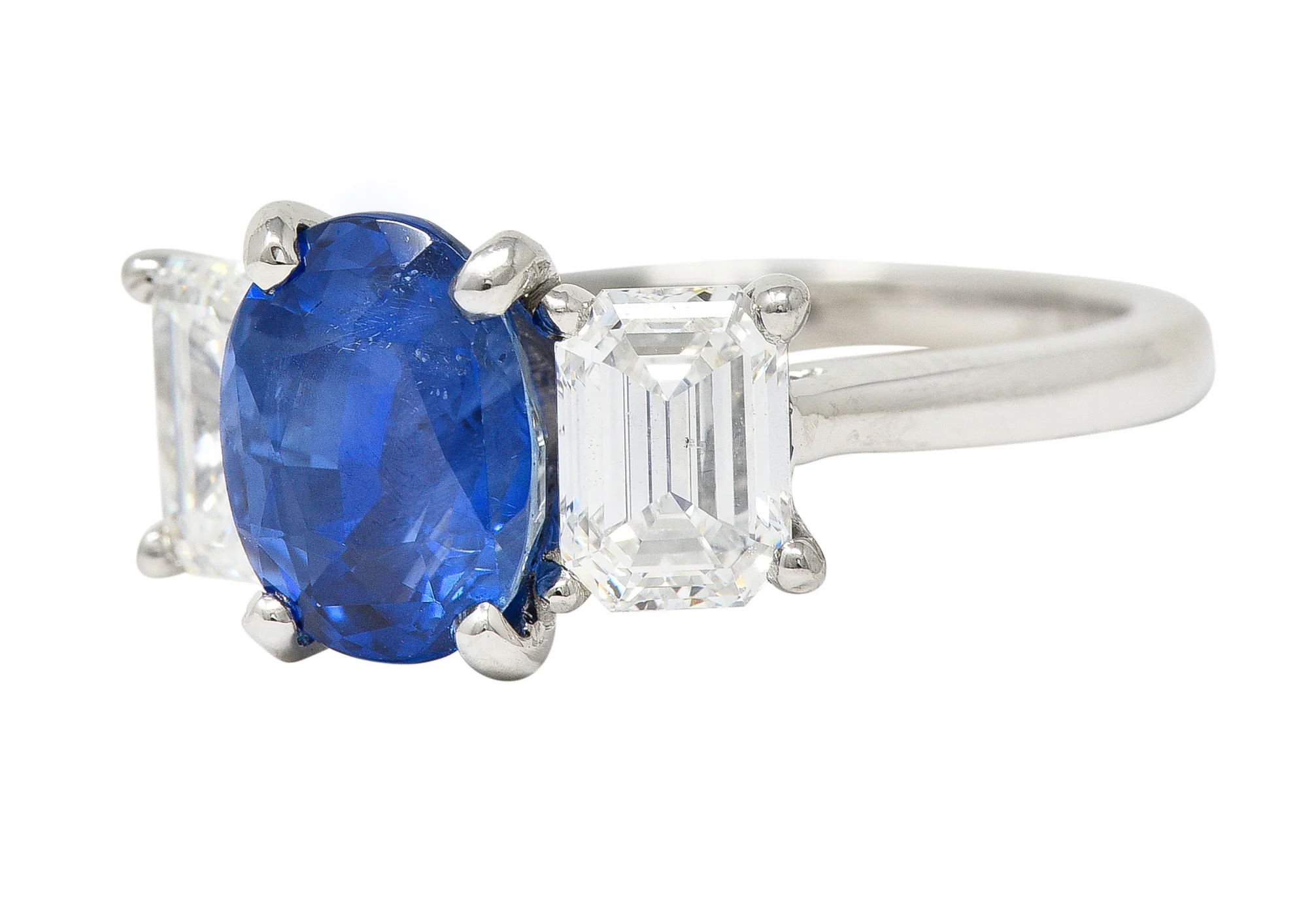 Contemporary 4.82 CTW Oval Cut No Heat Sapphire Emerald Cut Diamond Platinum Three Stone Ring GIA - Image 6