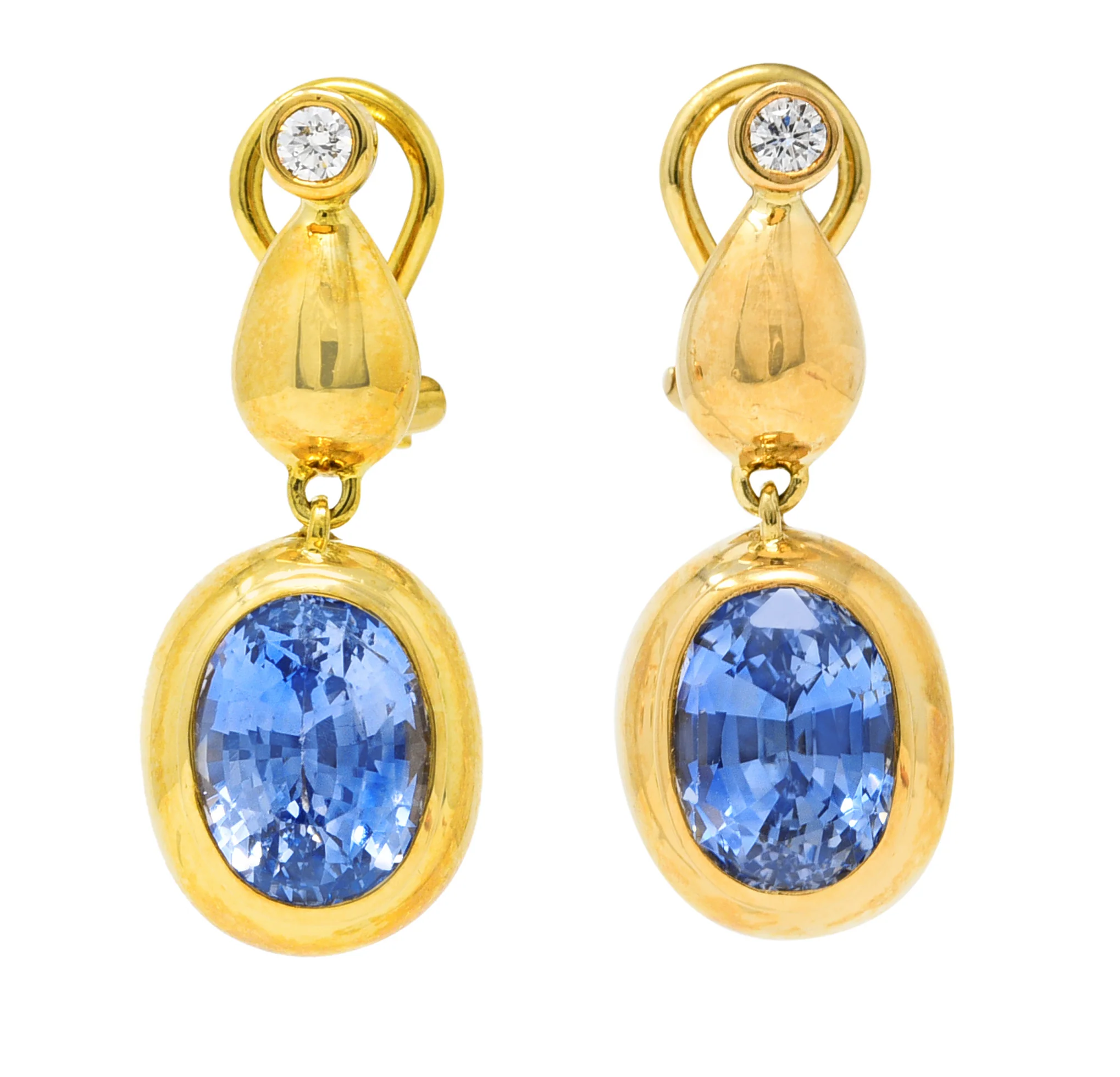 Contemporary 6.86 CTW Blue Sapphire Diamond 18 Karat Yellow Gold Drop Earrings
