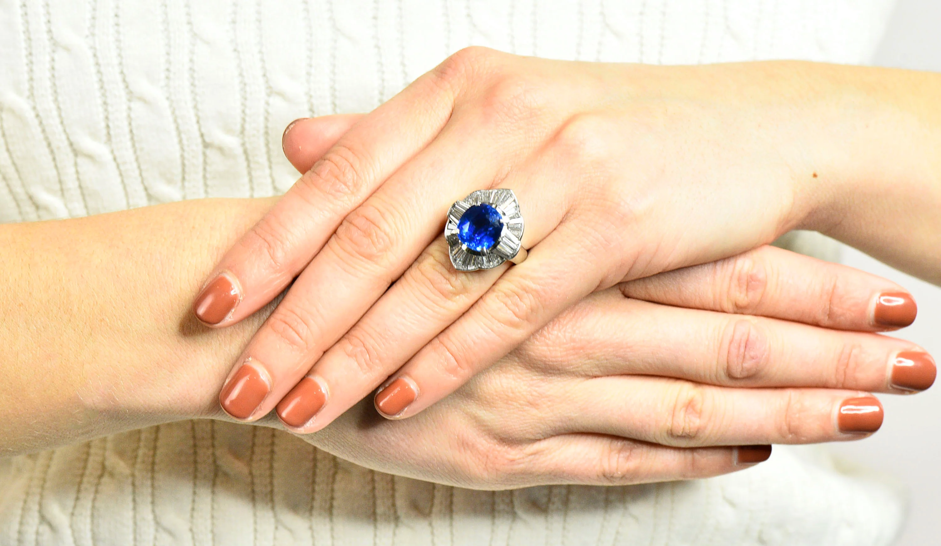 Contemporary 9.73 CTW Ceylon Sapphire Diamond Platinum Ballerina Halo Ring AGL - Image 11