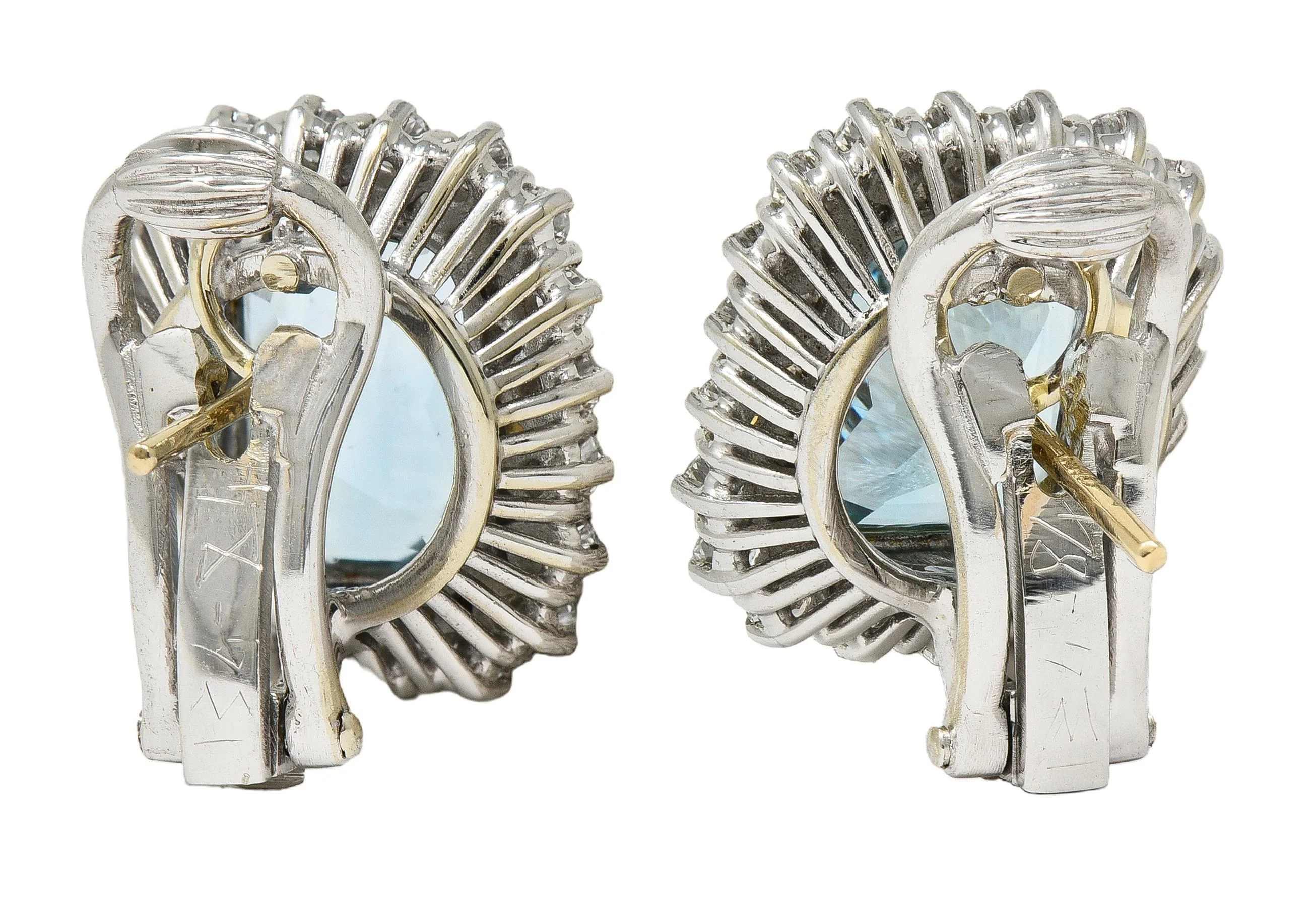 Contemporary Aquamarine Diamond 10.00 CTW 18 Karat Two-Tone Gold Halo Earrings - Image 4