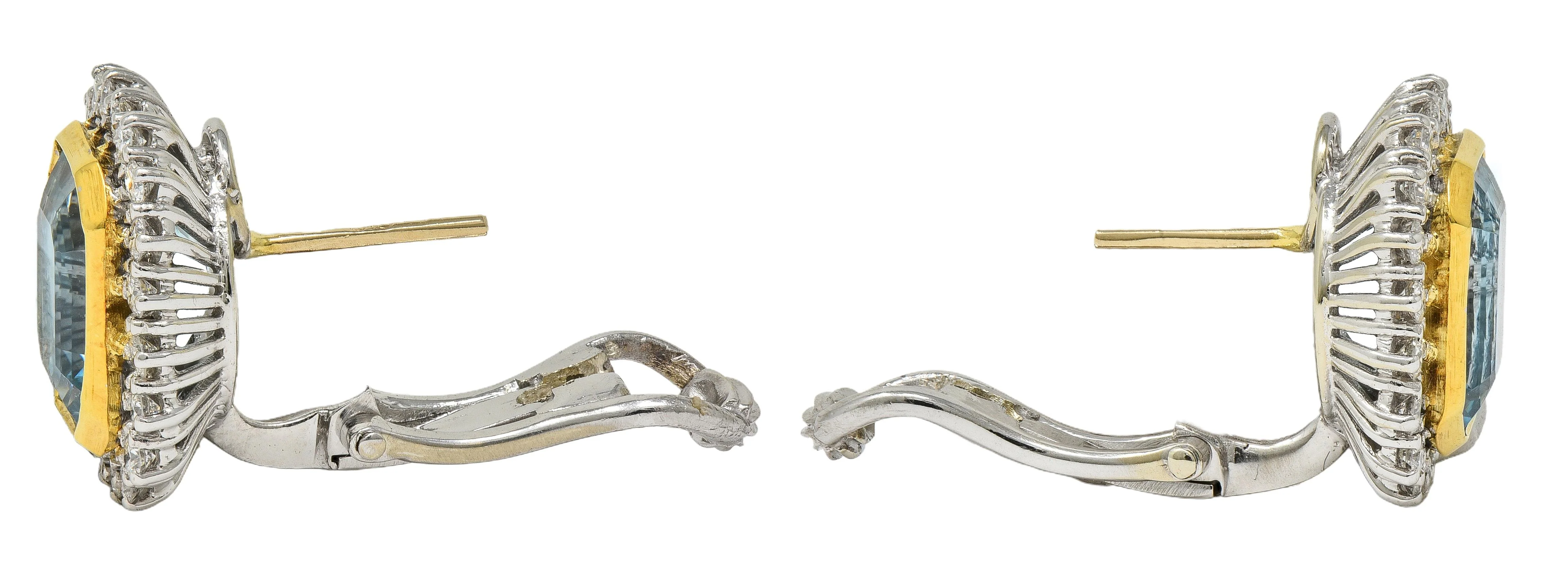 Contemporary Aquamarine Diamond 10.00 CTW 18 Karat Two-Tone Gold Halo Earrings - Image 5
