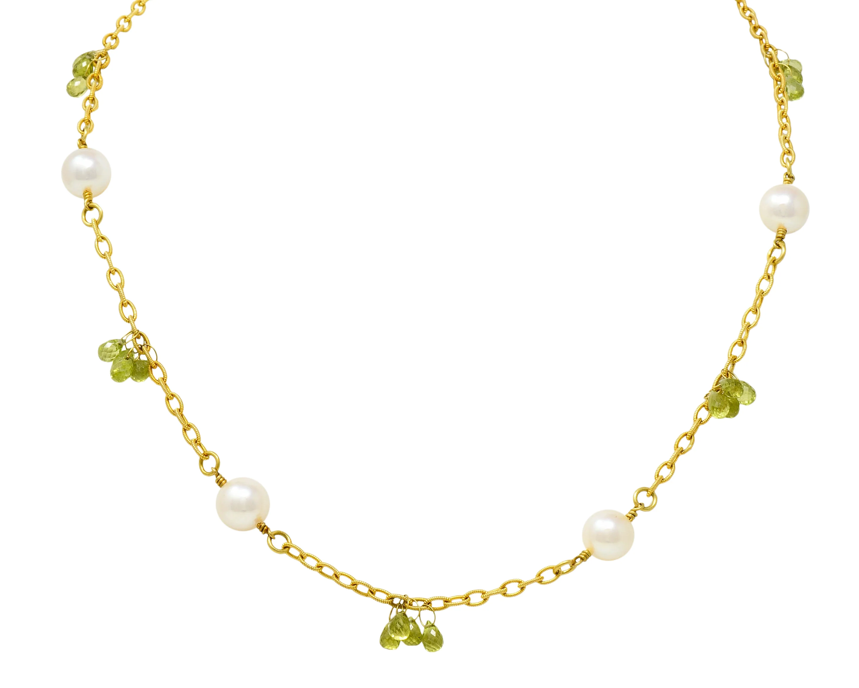 Contemporary Cultured Pearl Peridot 18 Karat Gold Station Necklace