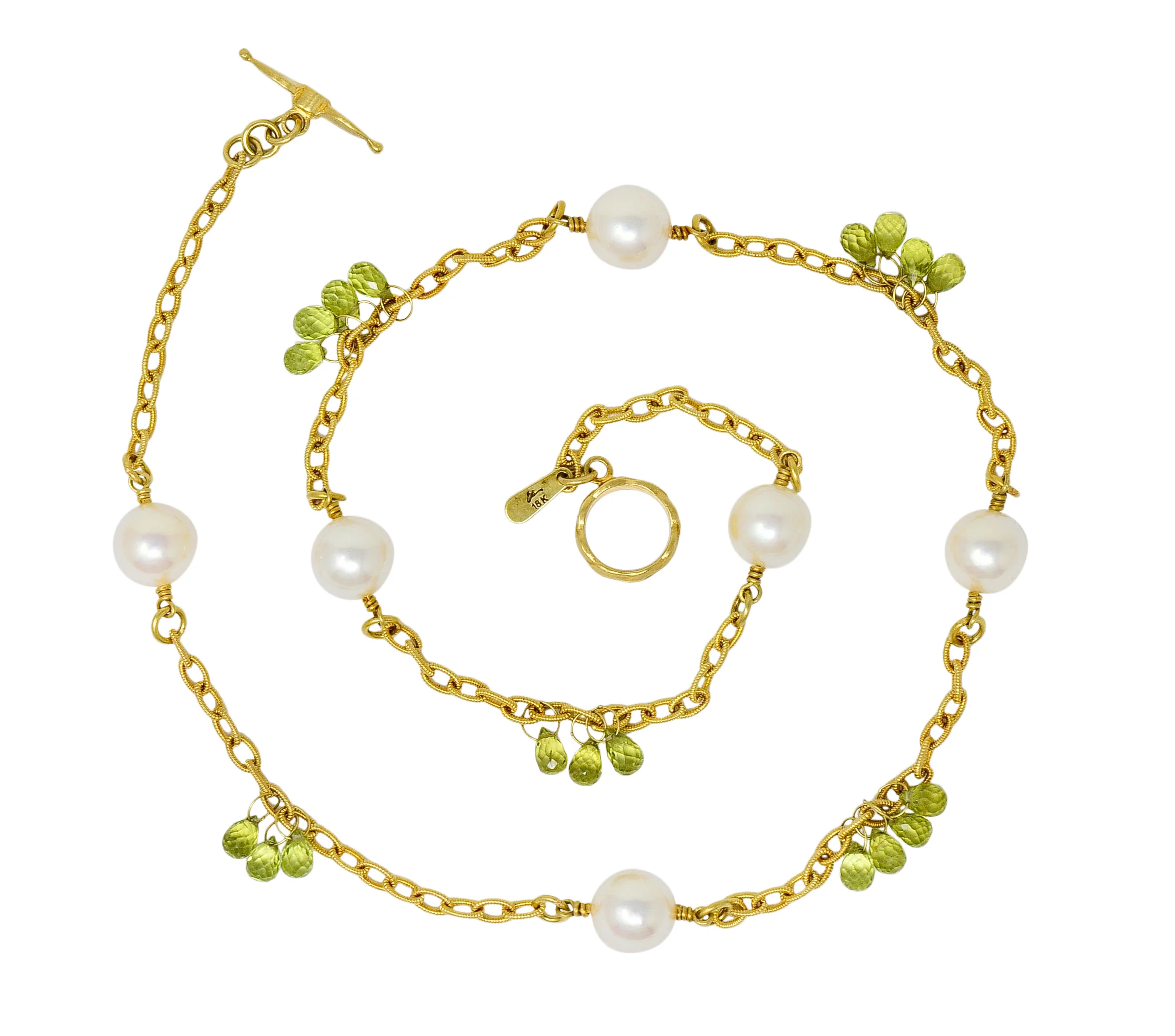 Contemporary Cultured Pearl Peridot 18 Karat Gold Station Necklace - Image 2