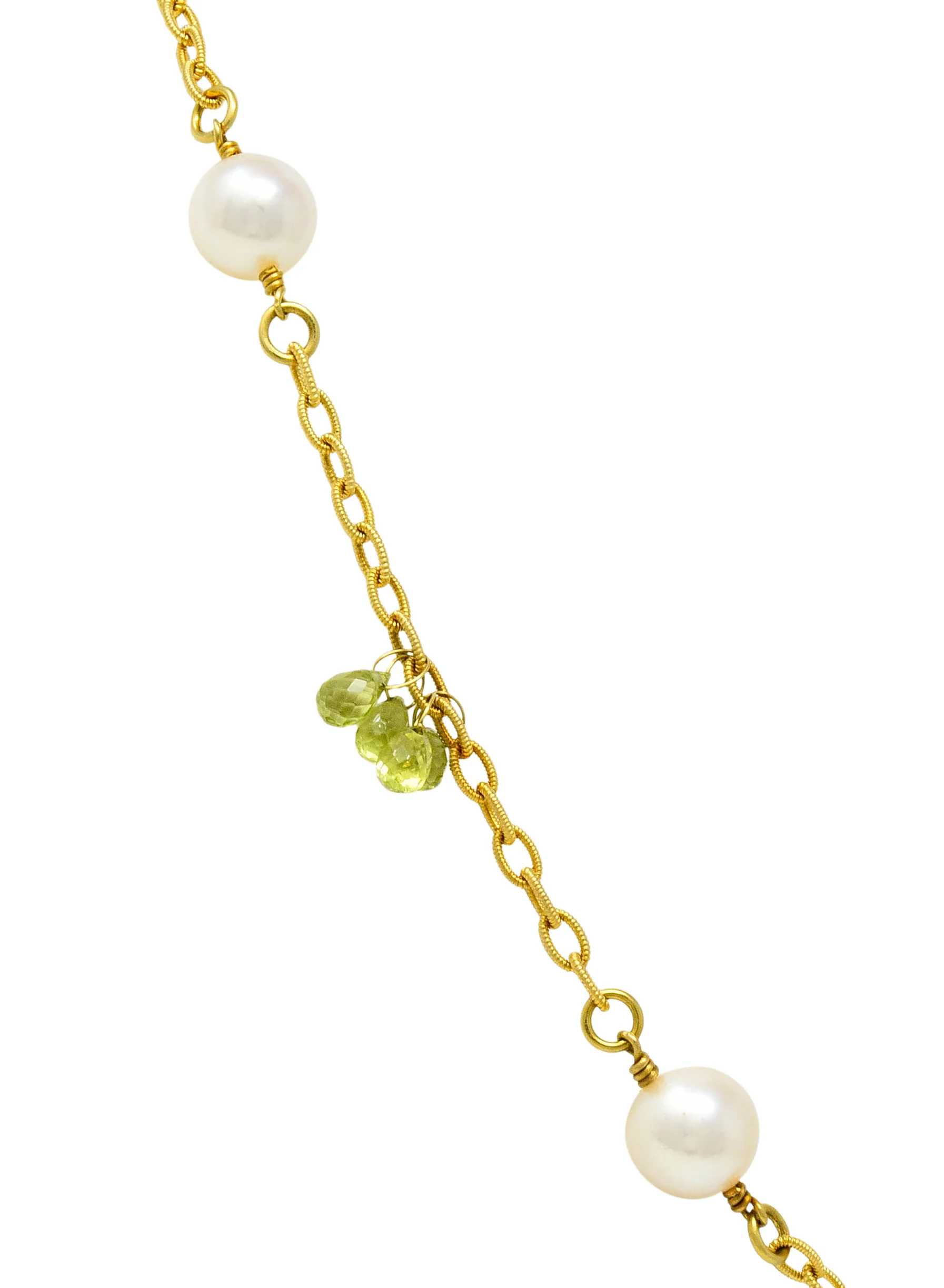 Contemporary Cultured Pearl Peridot 18 Karat Gold Station Necklace - Image 7