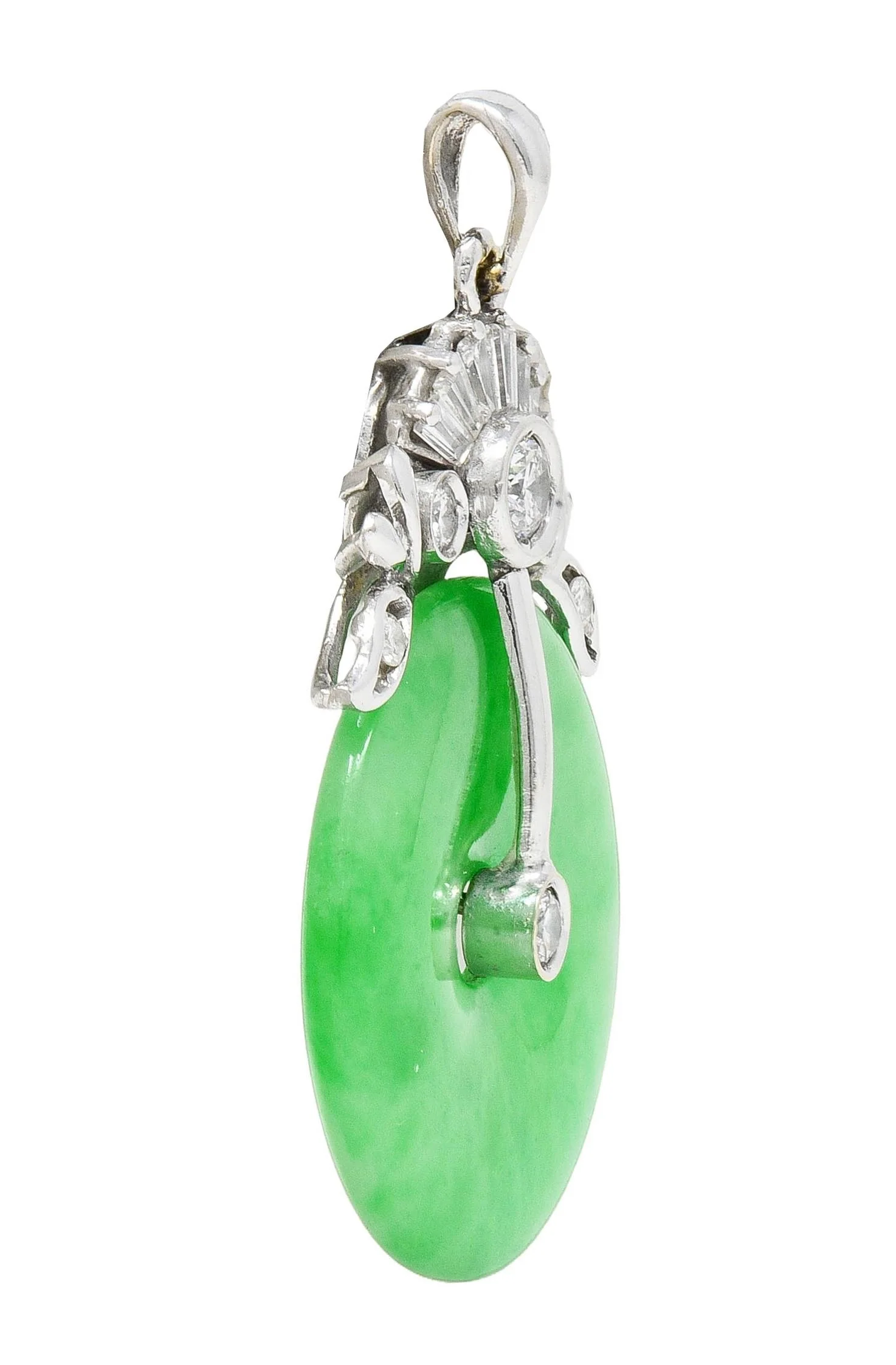 Contemporary Diamond Carved Jade 14 Karat White Gold Pi Disk Pendant - Image 4