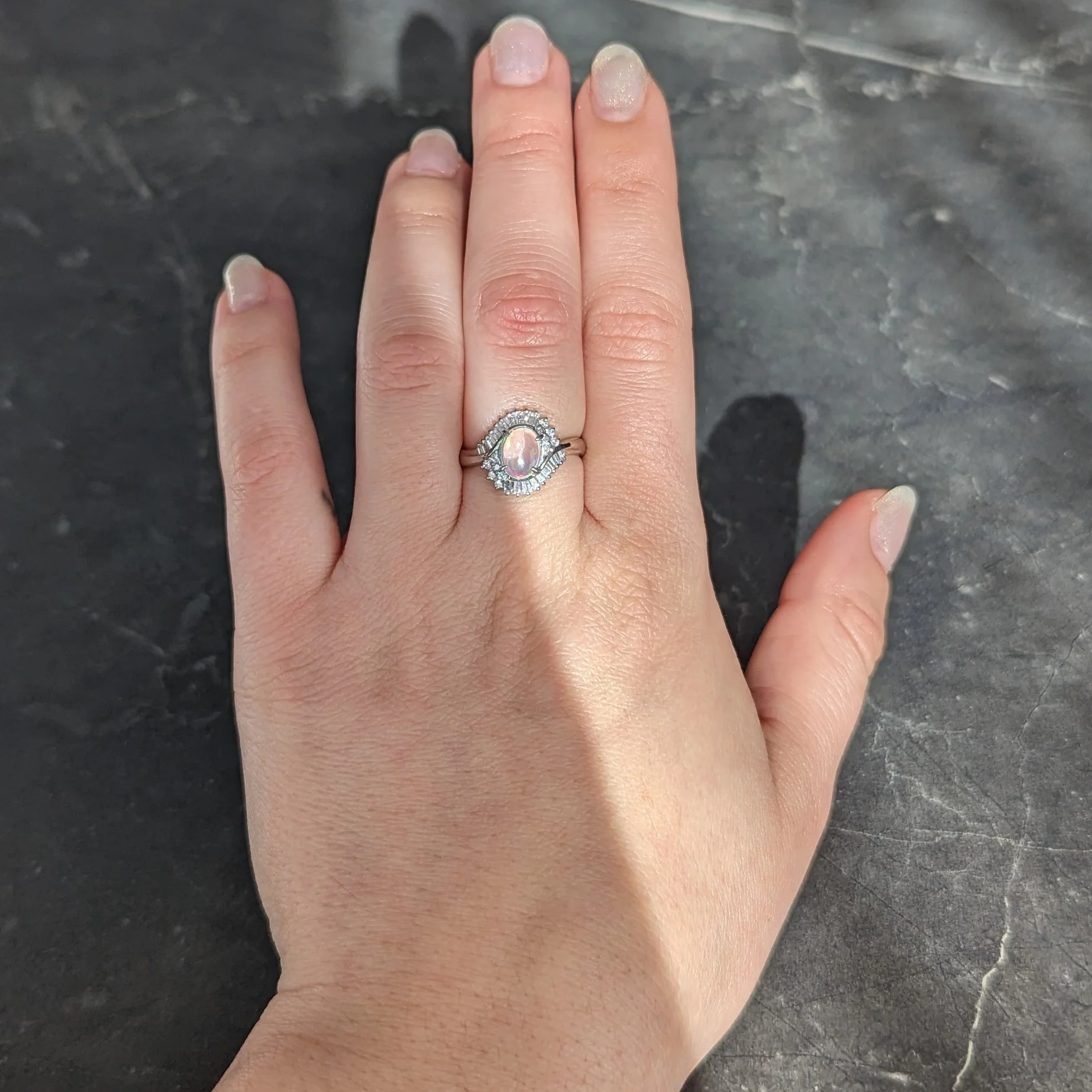 Contemporary Diamond Jelly Opal Platinum Swirl Bypass Cluster Ring - Image 12