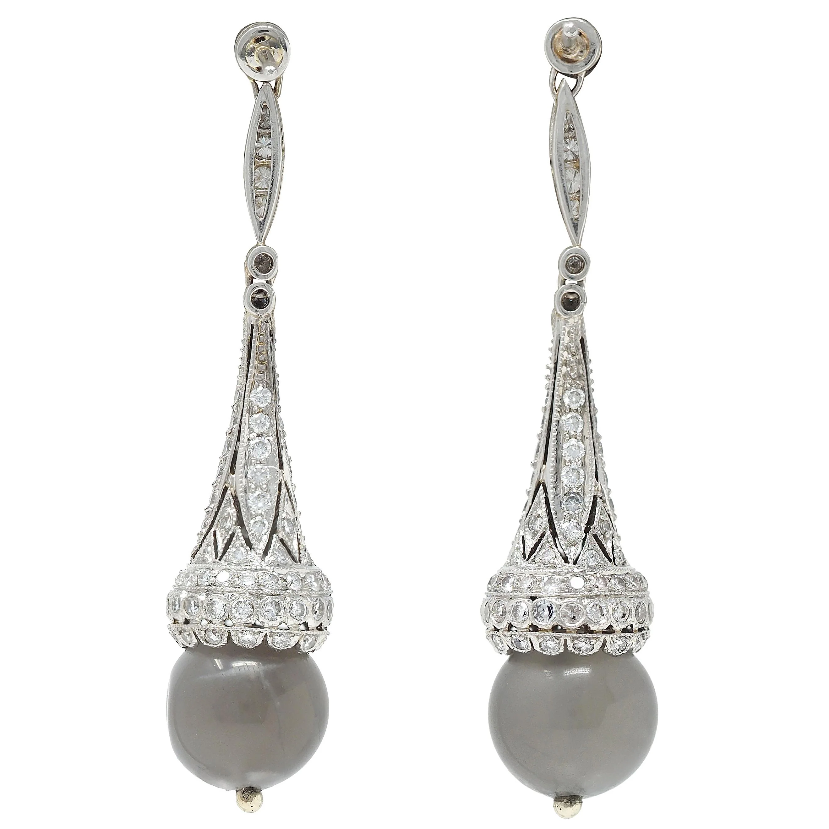Contemporary Diamond Moonstone Platinum Drop Earrings - Image 4