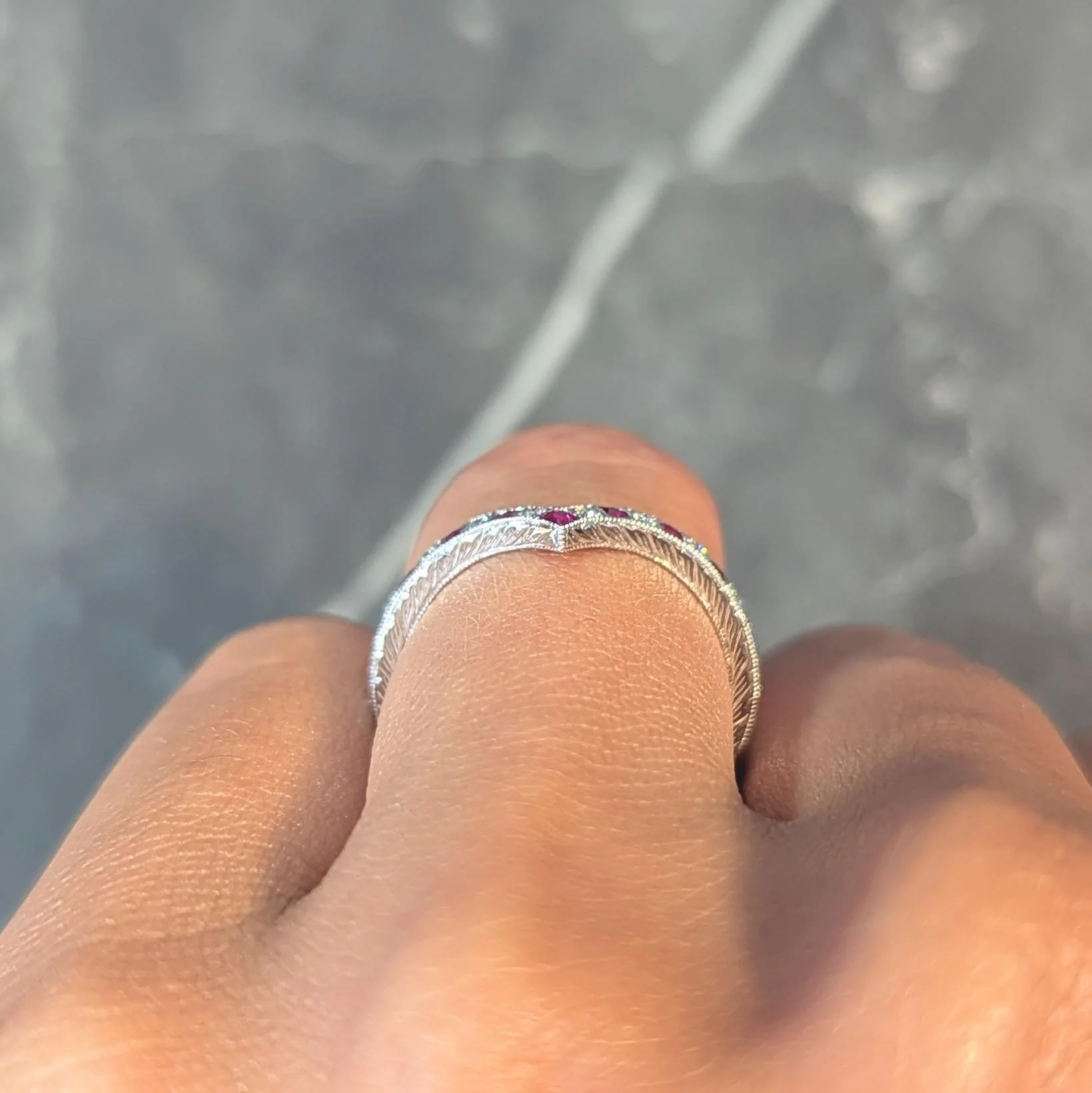 Contemporary Ruby Diamond 14 Karat White Gold Contour Wedding Band Ring - Image 12