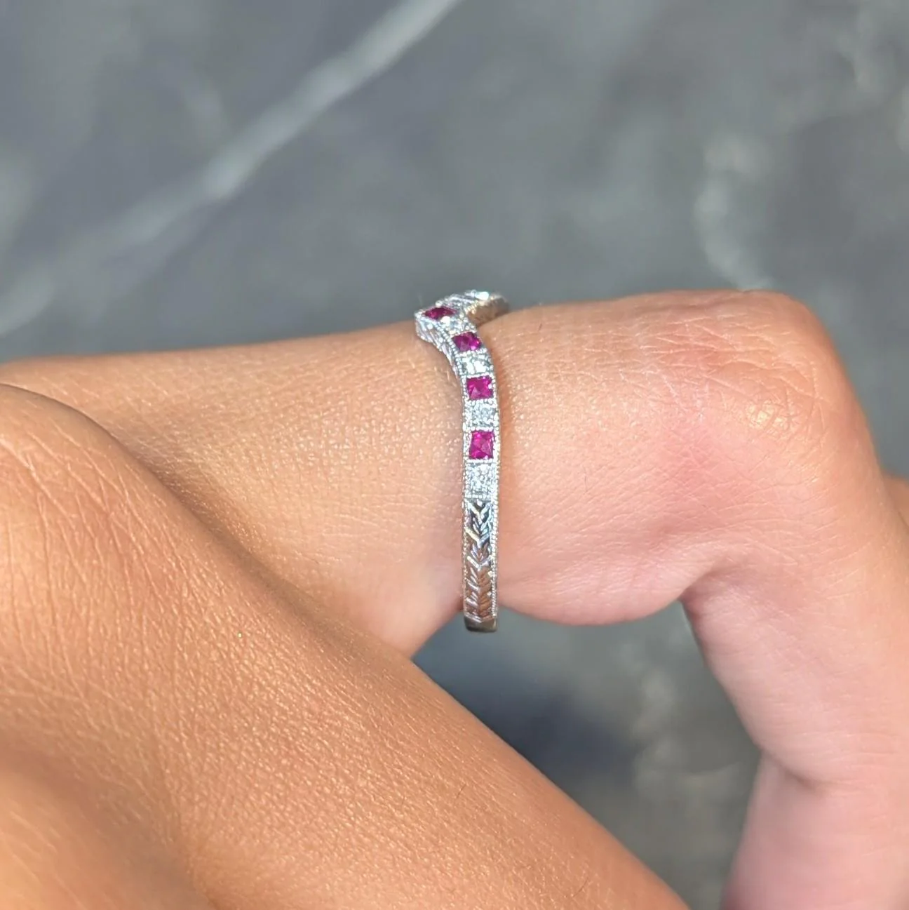 Contemporary Ruby Diamond 14 Karat White Gold Contour Wedding Band Ring - Image 13