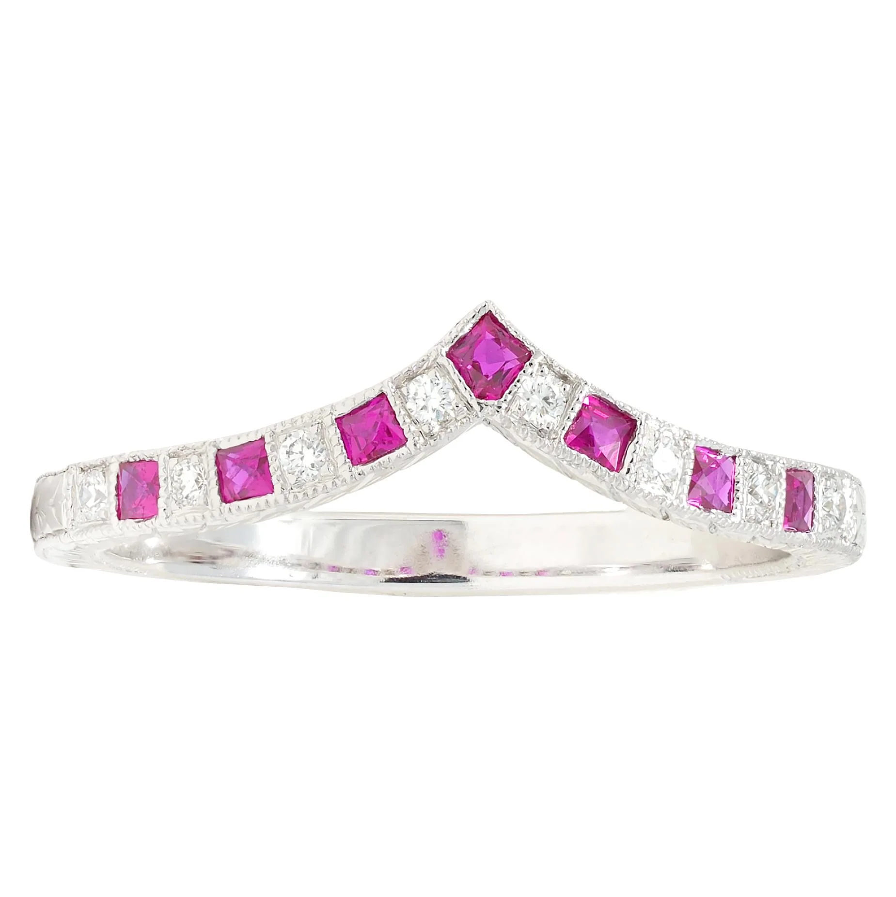 Contemporary Ruby Diamond 14 Karat White Gold Contour Wedding Band Ring - Image 2