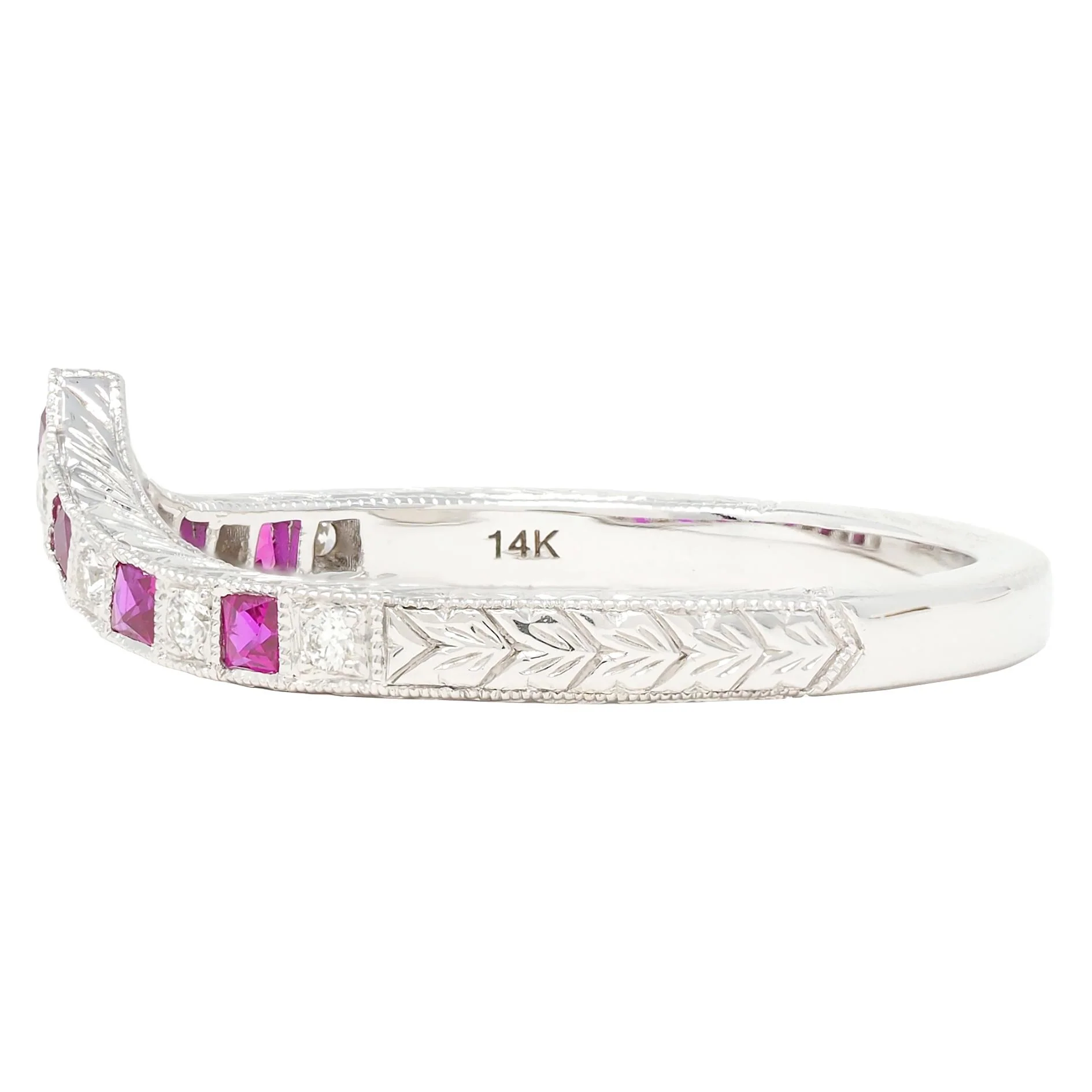 Contemporary Ruby Diamond 14 Karat White Gold Contour Wedding Band Ring - Image 5