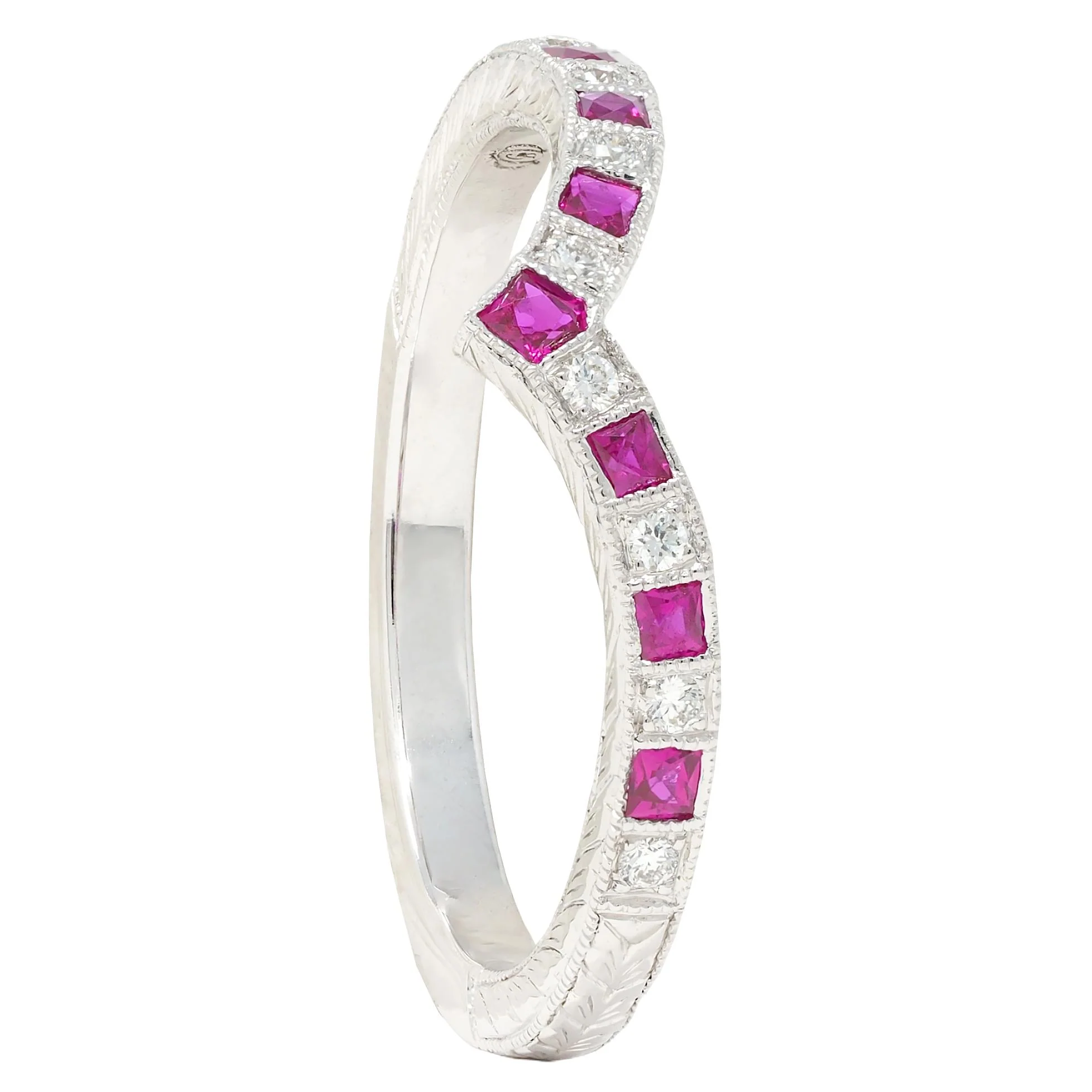 Contemporary Ruby Diamond 14 Karat White Gold Contour Wedding Band Ring - Image 8