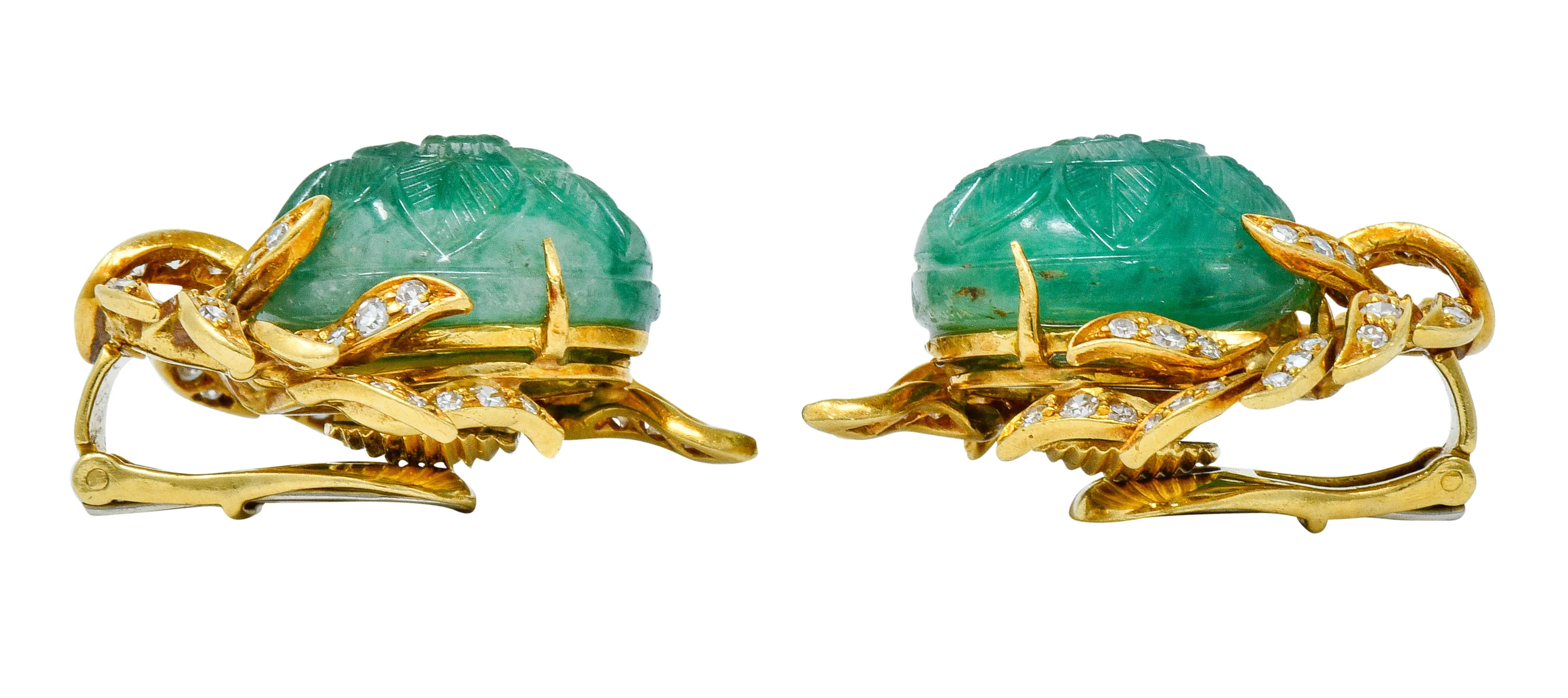 David Webb Mogul Style Diamond Carved Emerald 18 Karat Gold Floral Ear-Clip Earrings - Image 7