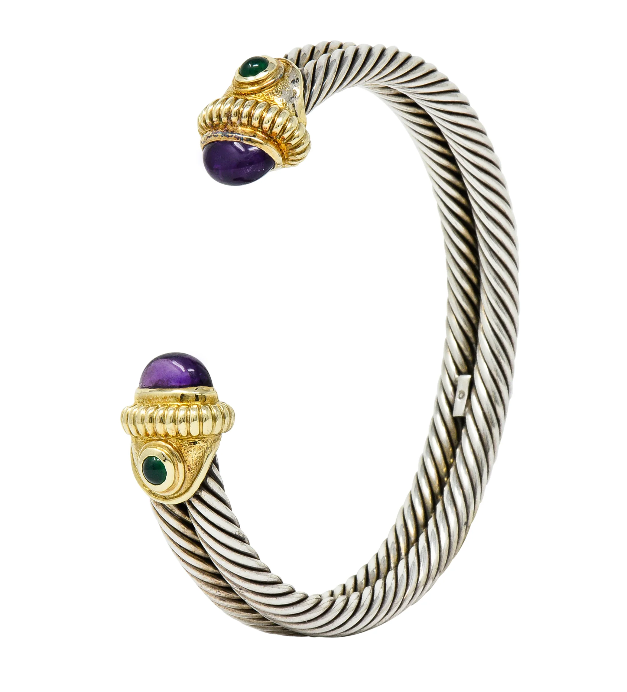 David Yurman Amethyst Chrysoprase 14 Karat Gold Sterling Silver Cable Cuff - Image 11