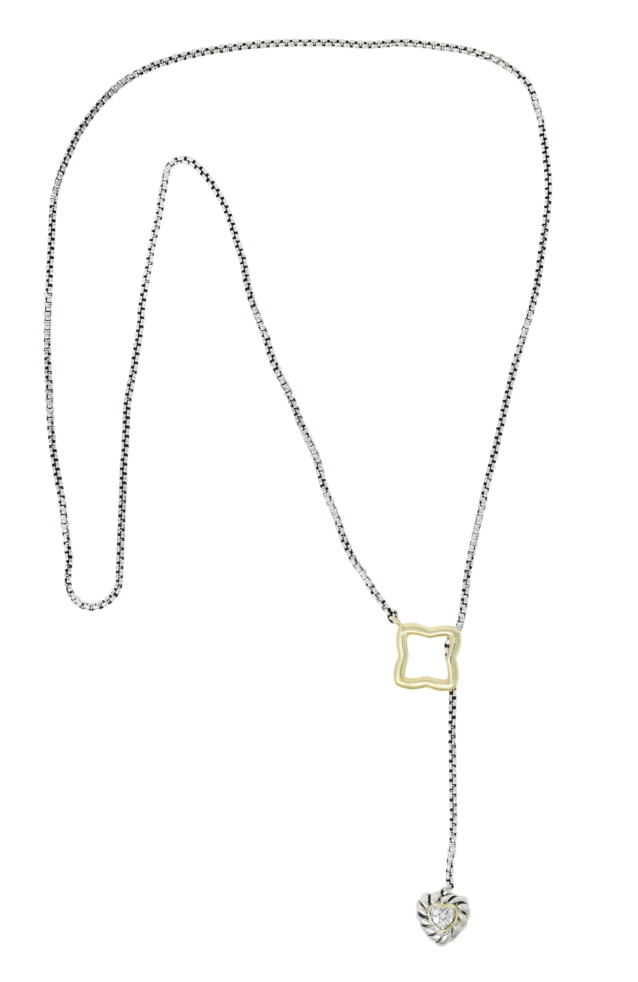 David Yurman Diamond 18 Karat Gold Sterling Silver Quatrefoil Heart Lariat Necklace - Image 2