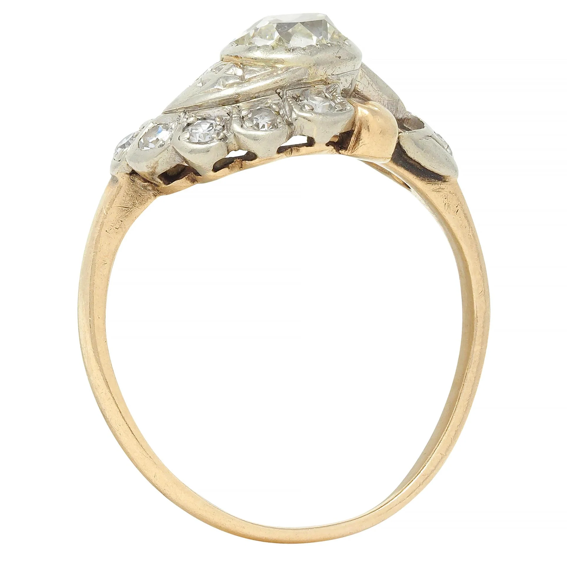 Early Art Deco 0.75 CTW Old Mine Cut Diamond 14 Karat Two-Tone Gold Vintage Bypass Ring - Image 2