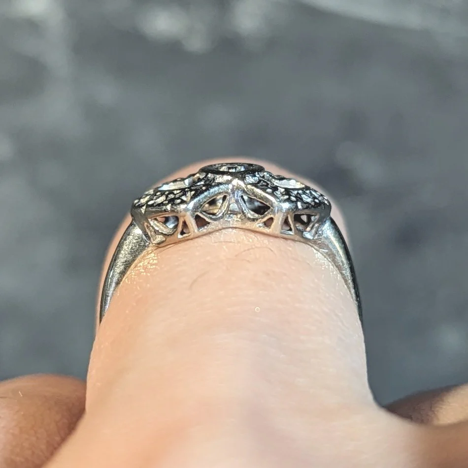 Early Art Deco 14 Karat White Gold Double Heart Floral Antique Ring - Image 14