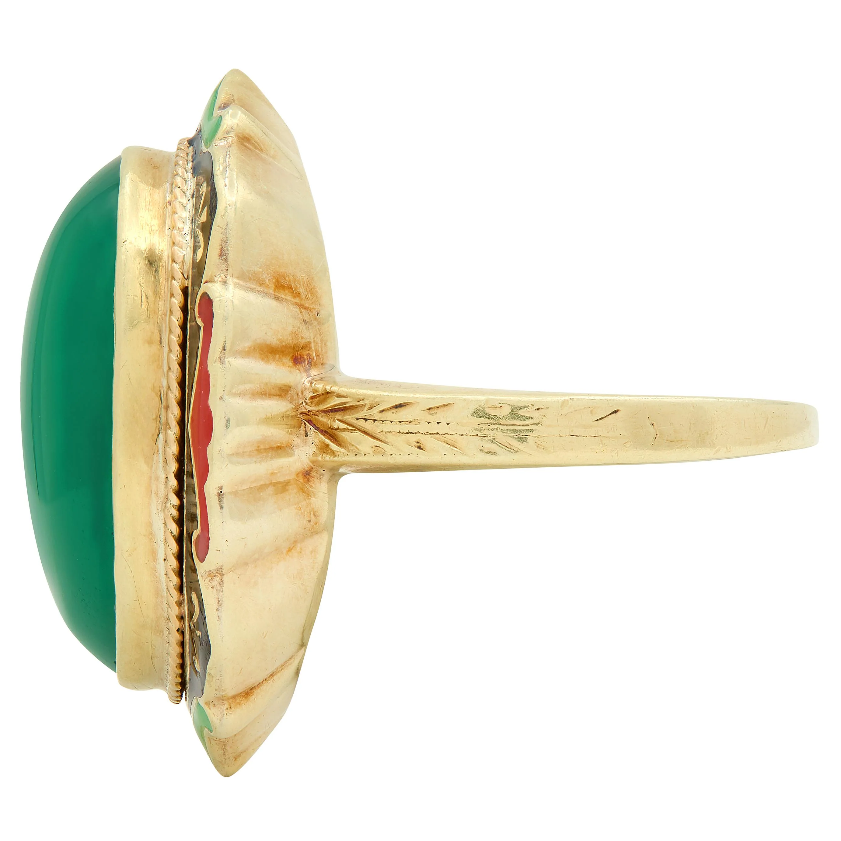 Early Art Deco Chalcedony Enamel 14 Karat Yellow Gold Antique Cocktail Ring - Image 5